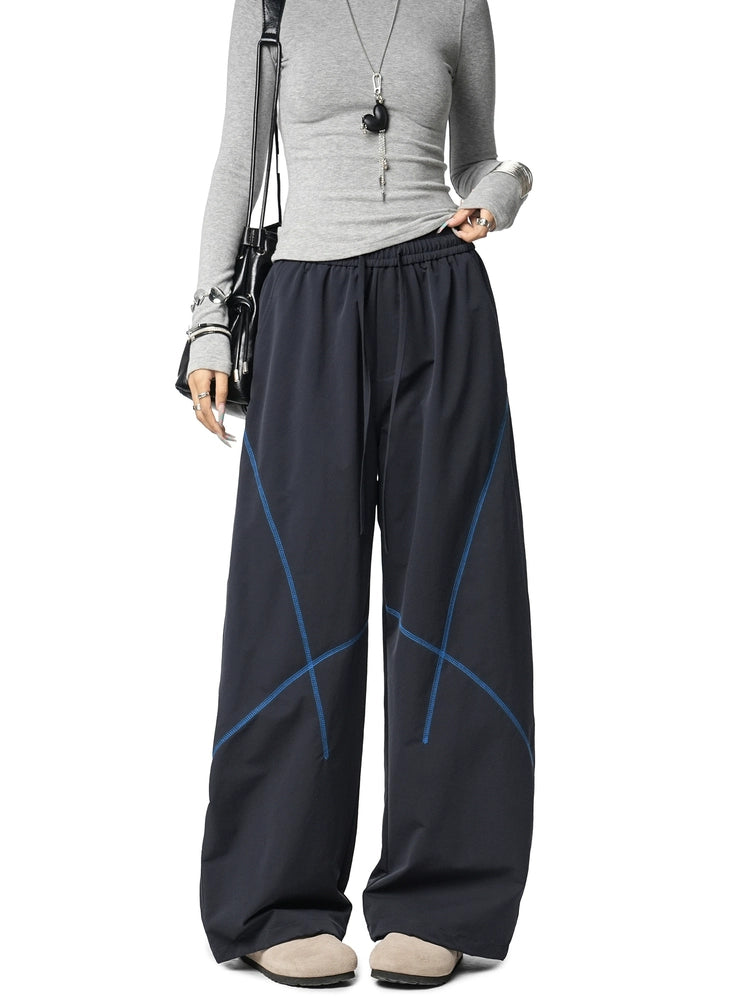 ICH MODE 美式复古户外哈苏线休闲裤女宽松弯刀裤阔腿直筒运动裤