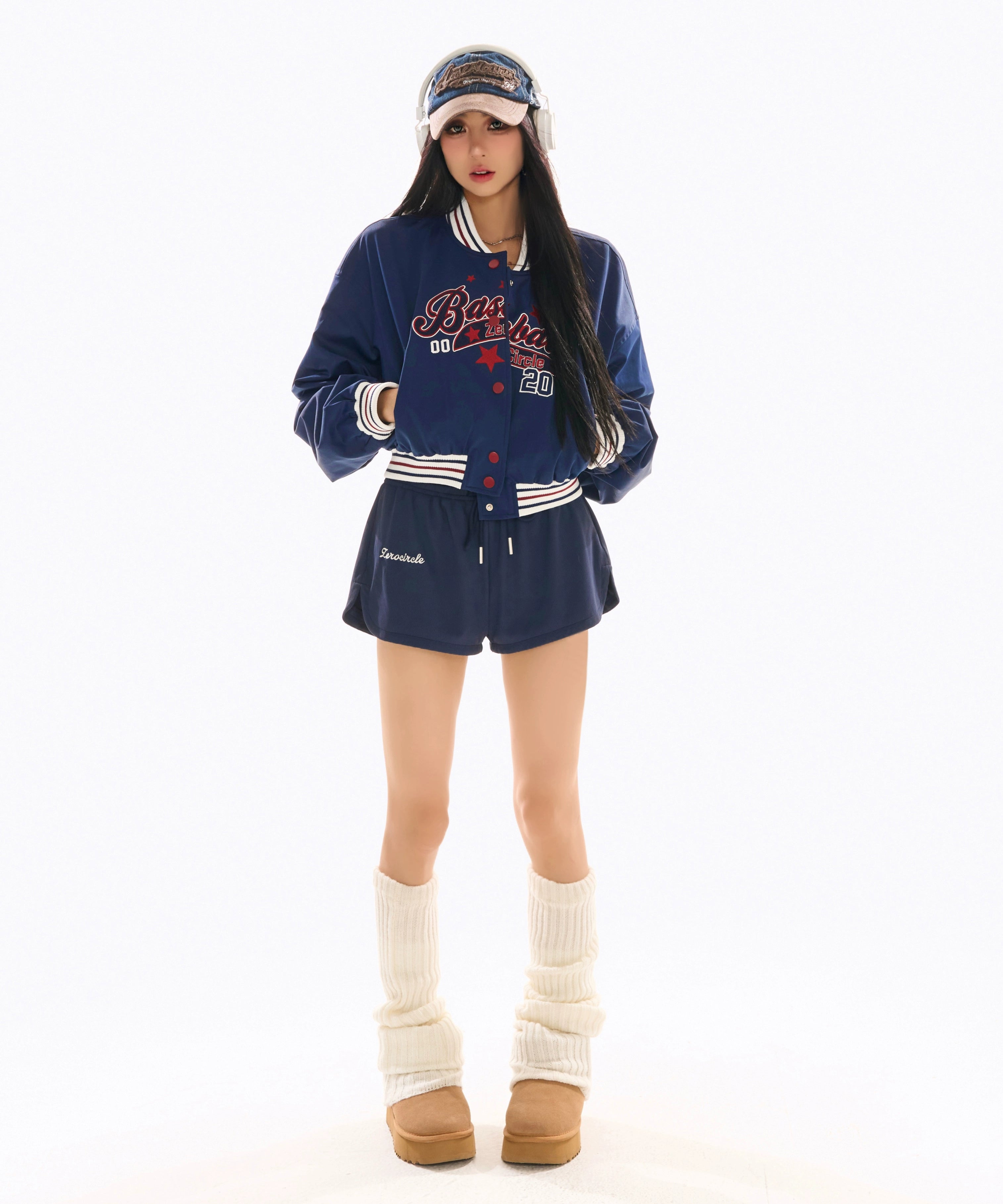 野生zerocircle短款棒球服女春季美式复古小众宽松设计感蓝色外套