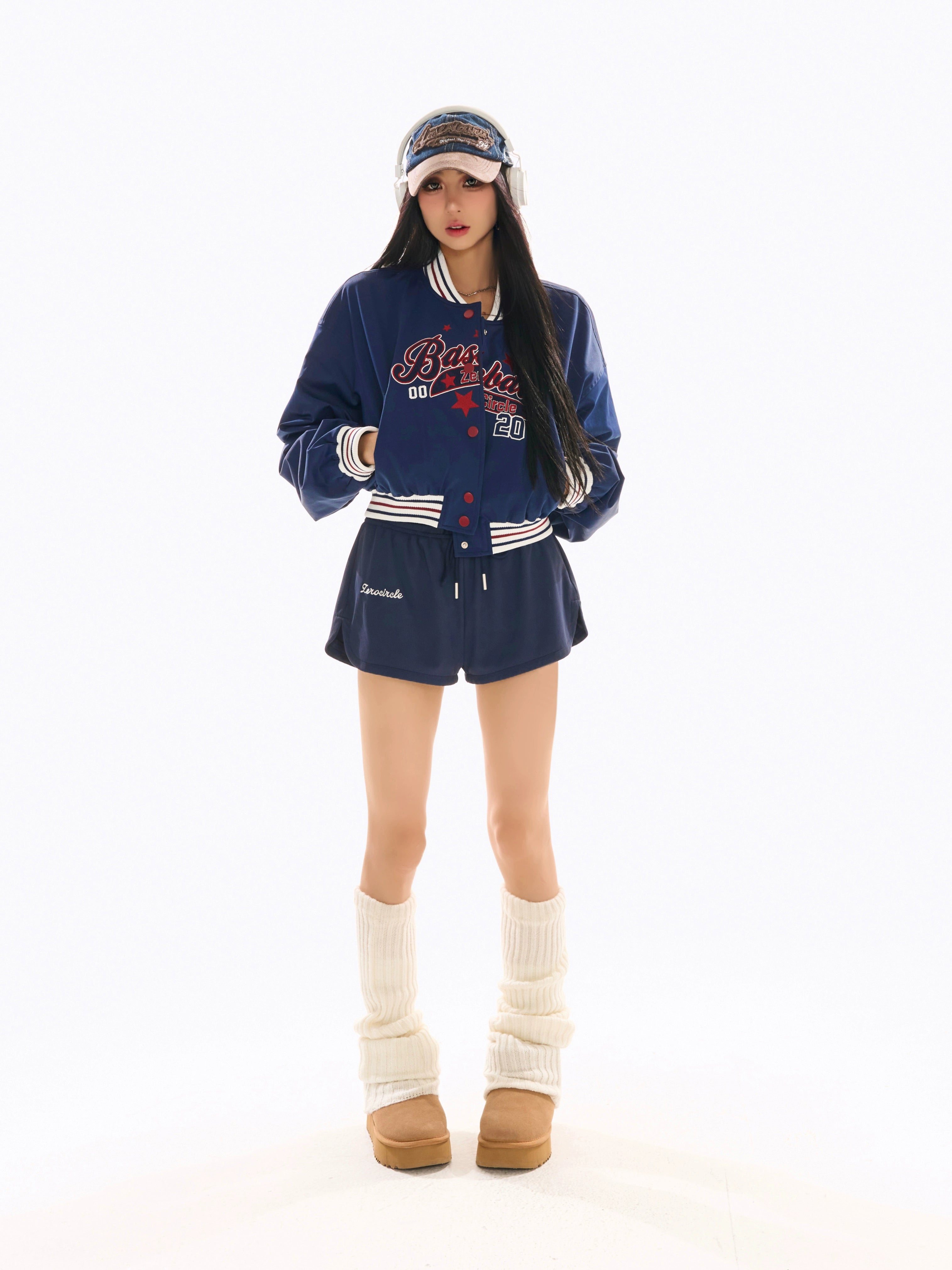野生zerocircle短款棒球服女春季美式复古小众宽松设计感蓝色外套