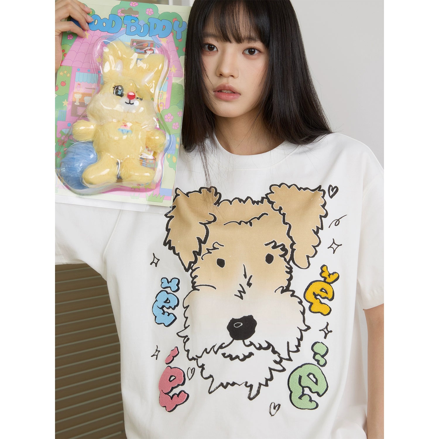 “白雪”｜eeee创意刚毛猎狐梗狗狗短袖宽松彩色字母牙刷绣T恤夏