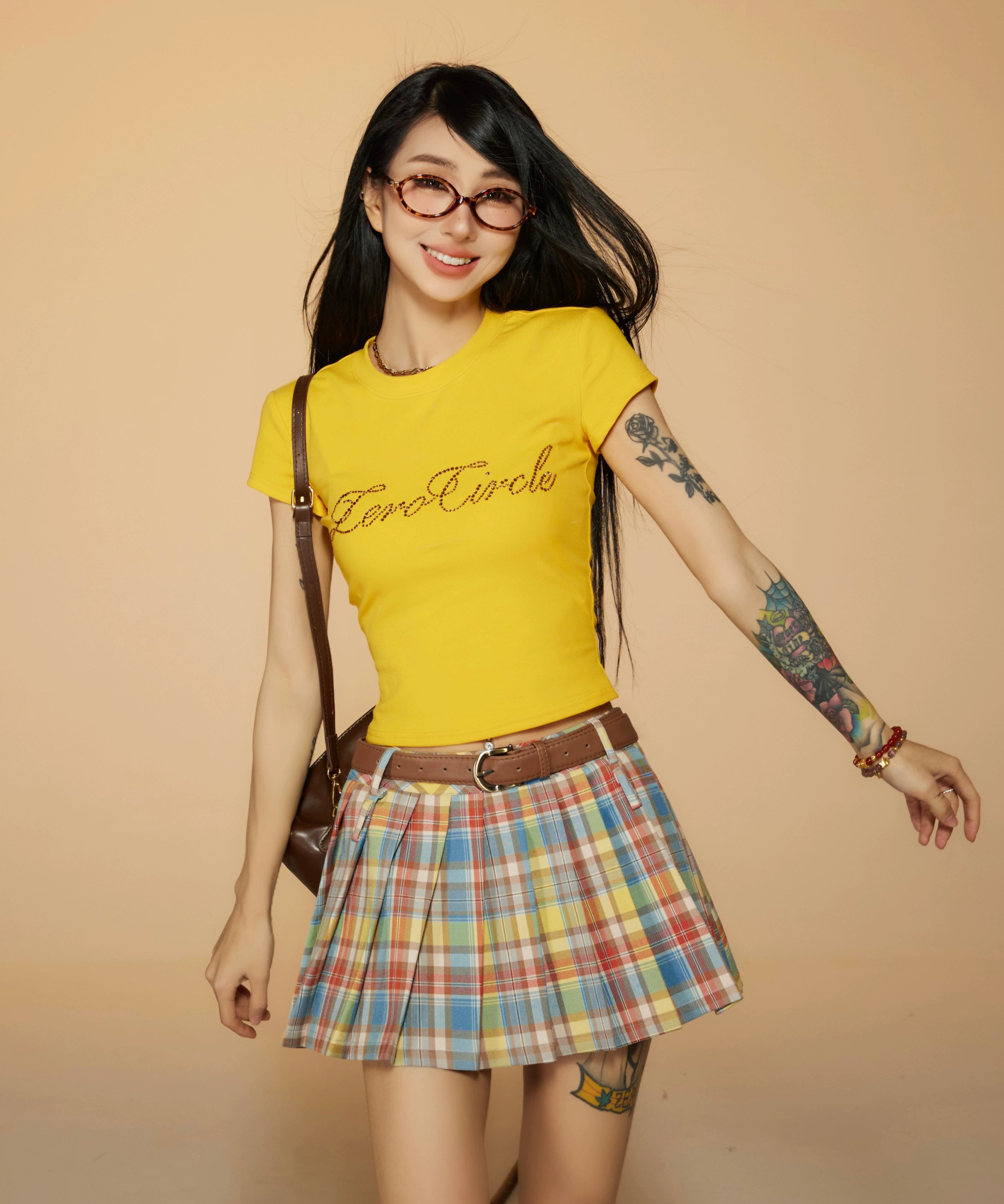 野生zerocircle 彩色格子半身百褶裙女春季辣妹小众a字显瘦短裙子