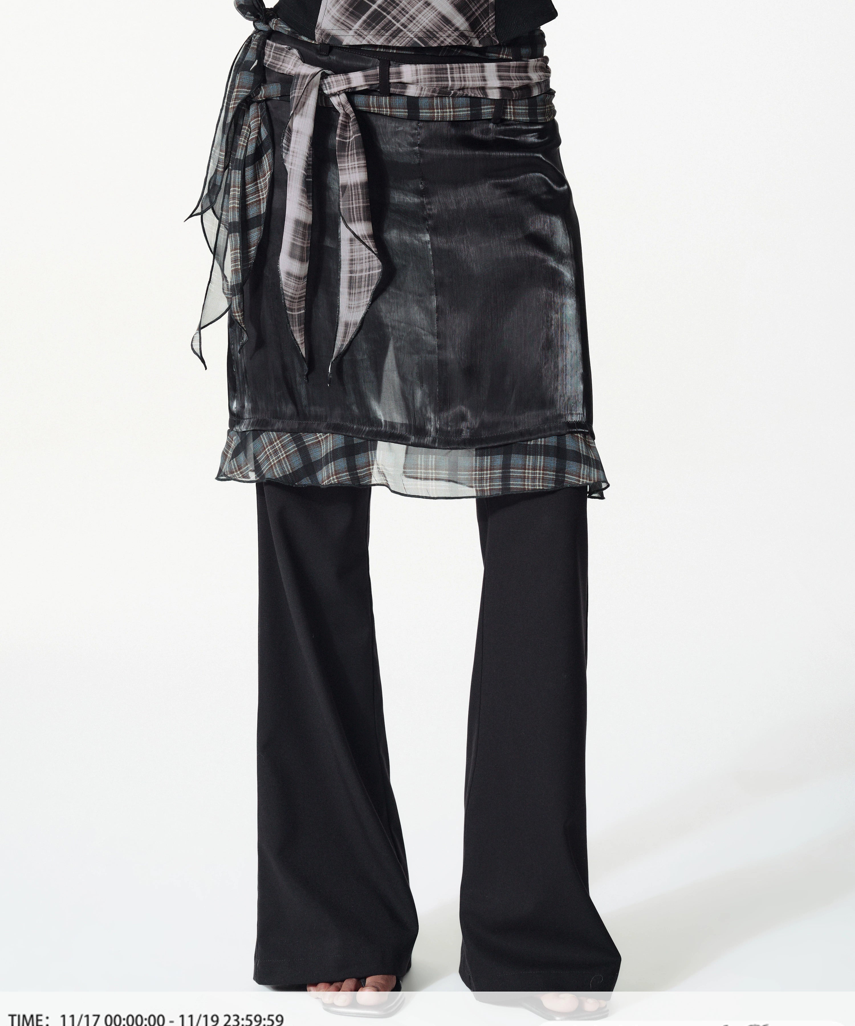 2th Desire撞色格纹丝带拼接荷叶边缎面叠穿微喇休闲西裤裙裤女