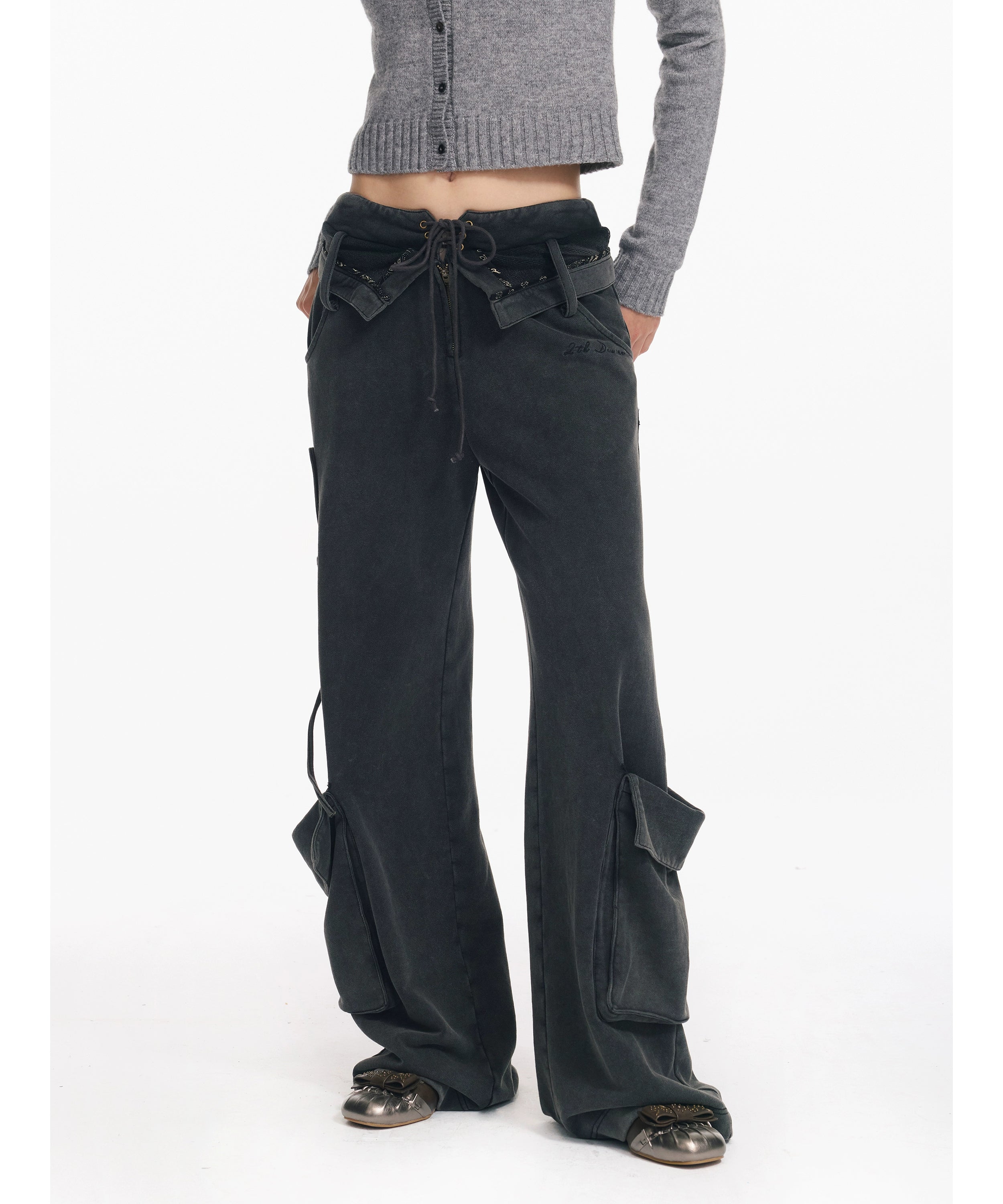 2th Desire原创做旧水洗立体口袋翻折腰头绑带设计感直筒工装长裤