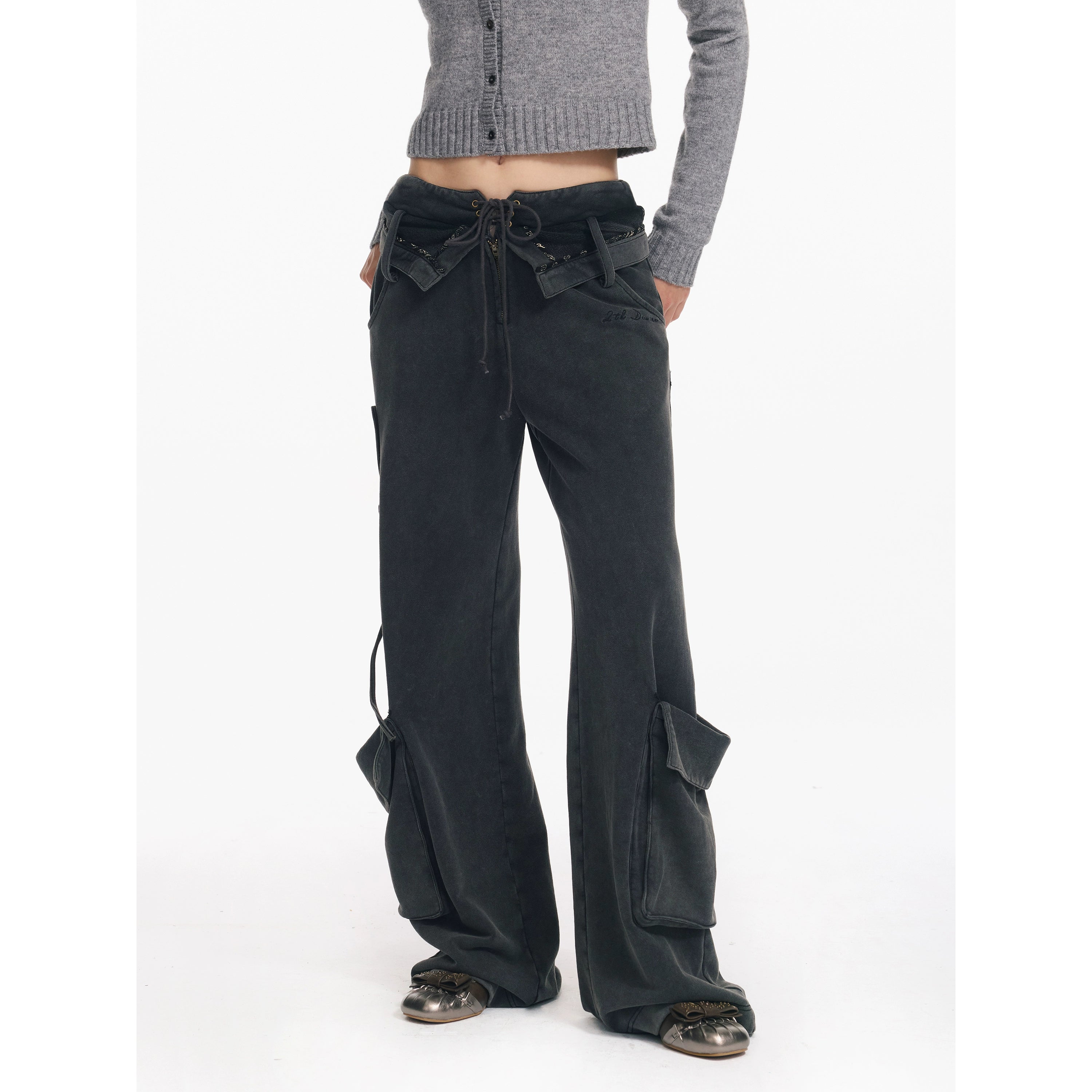 2th Desire原创做旧水洗立体口袋翻折腰头绑带设计感直筒工装长裤