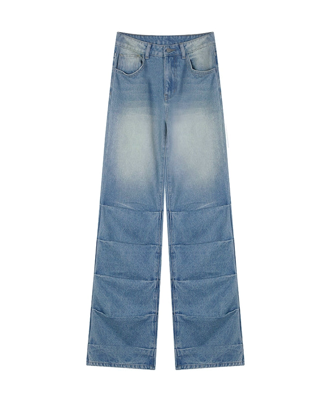 野生zerocircle微喇水洗褶皱牛仔裤女春夏显瘦直筒设计感小众裤子