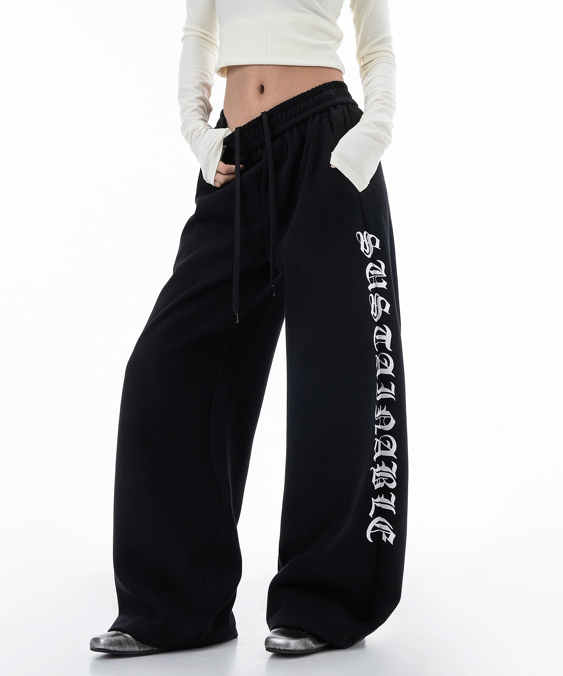 ICH MODE 美式复古印花休闲裤女宽松直筒裤子百搭阔腿运动裤卫裤