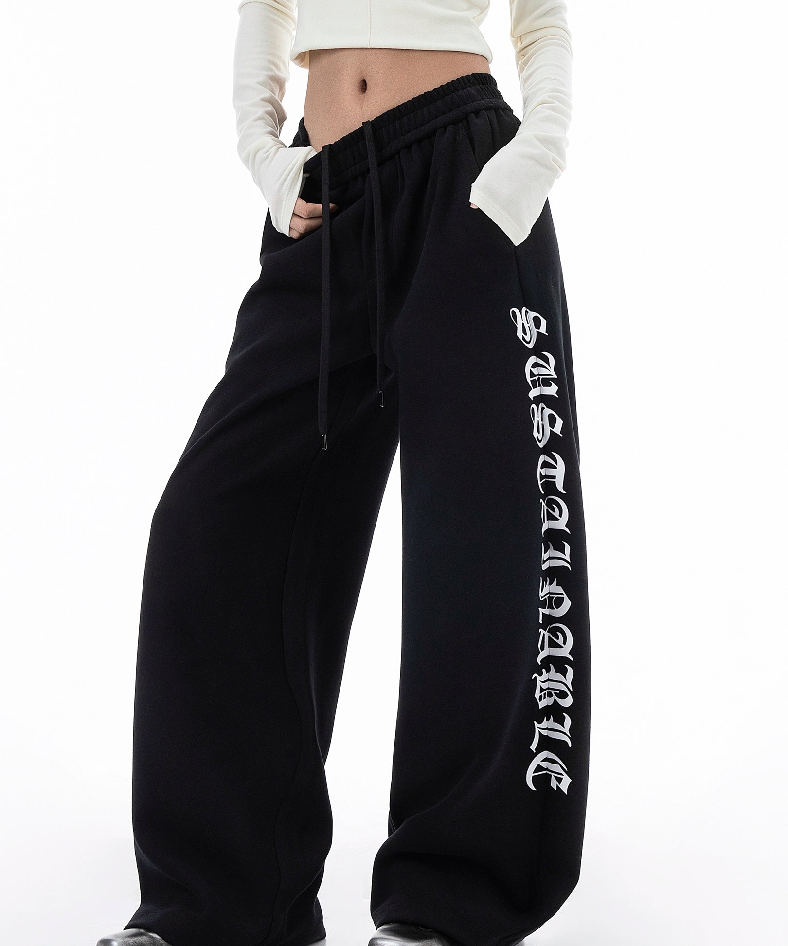 ICH MODE 美式复古印花休闲裤女宽松直筒裤子百搭阔腿运动裤卫裤