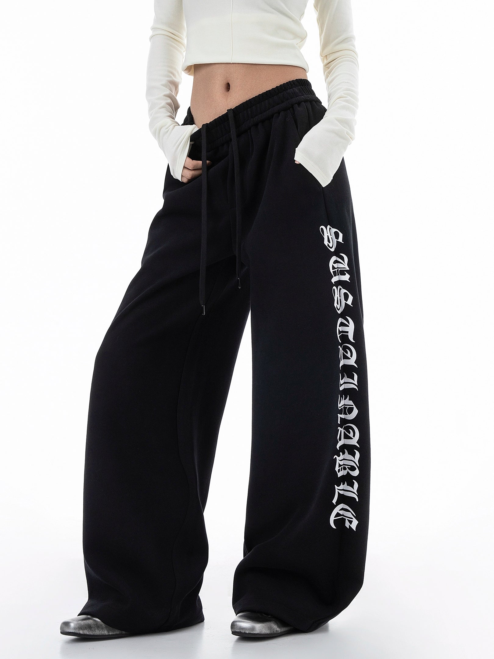 ICH MODE 美式复古印花休闲裤女宽松直筒裤子百搭阔腿运动裤卫裤