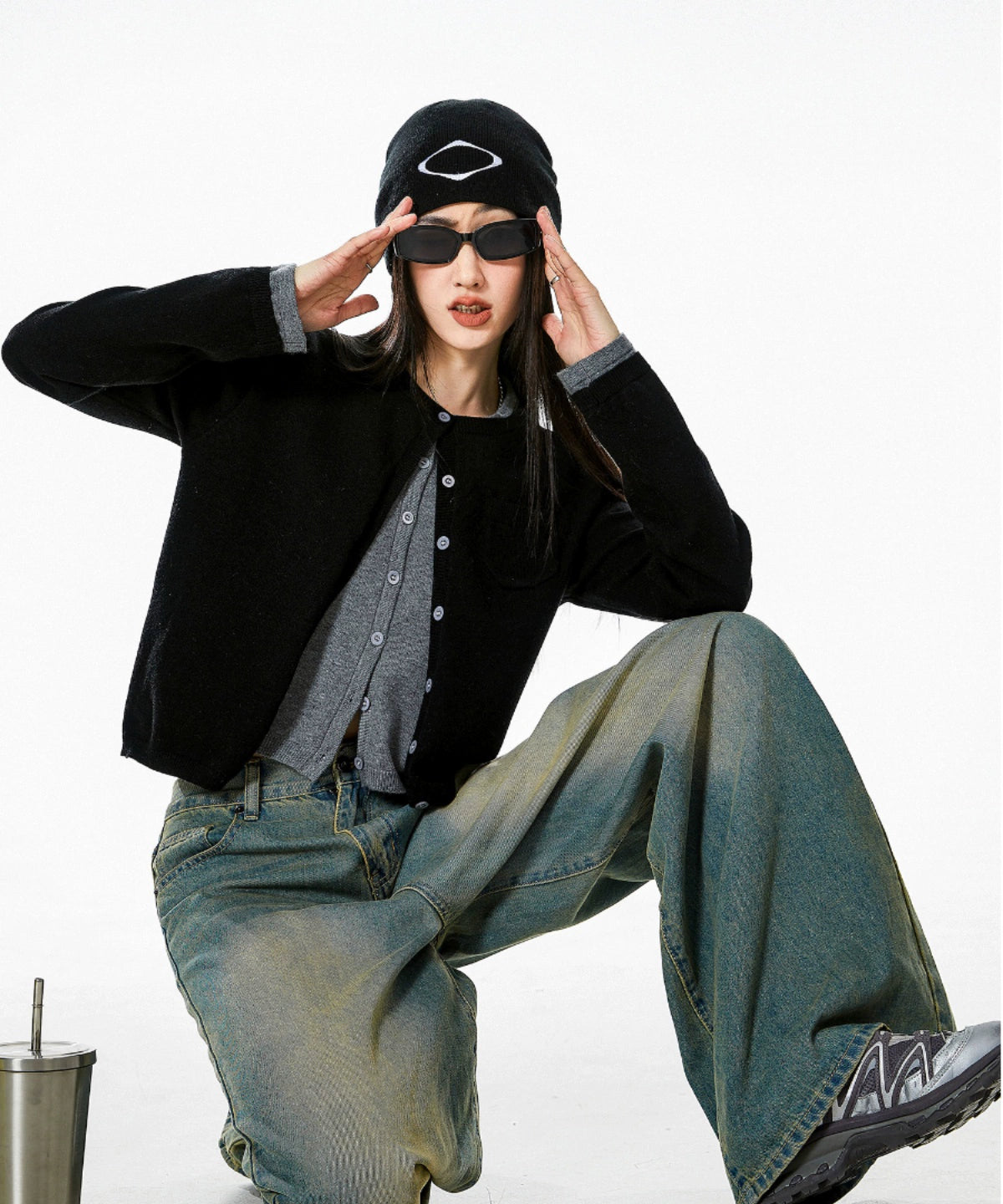 ICH MODE 美式复古假两件针织开衫女秋冬毛衣外套打底衫长袖上衣