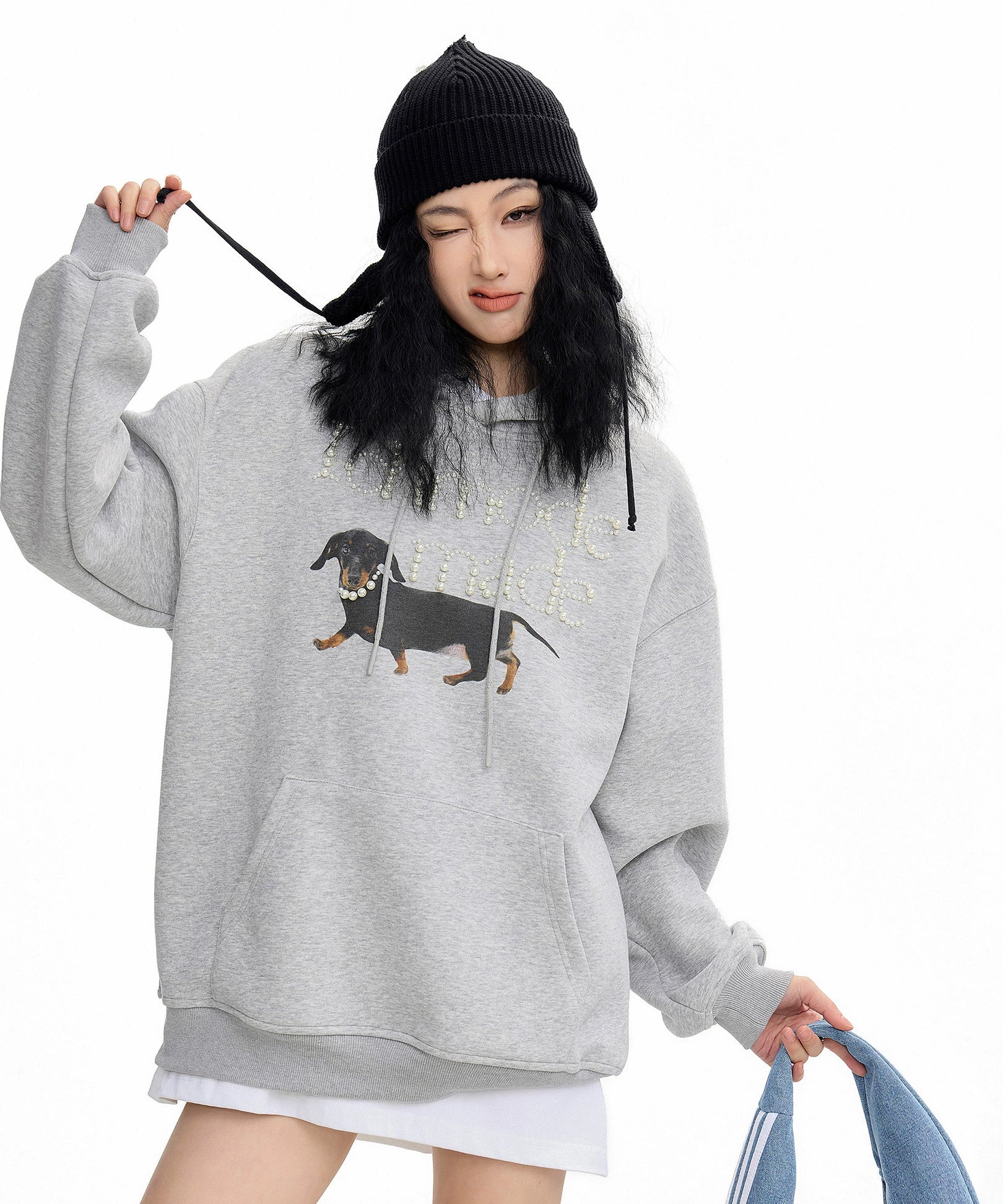 ICH MODE 美式复古珍珠连帽卫衣女秋冬新款宽松休闲百搭上衣外套