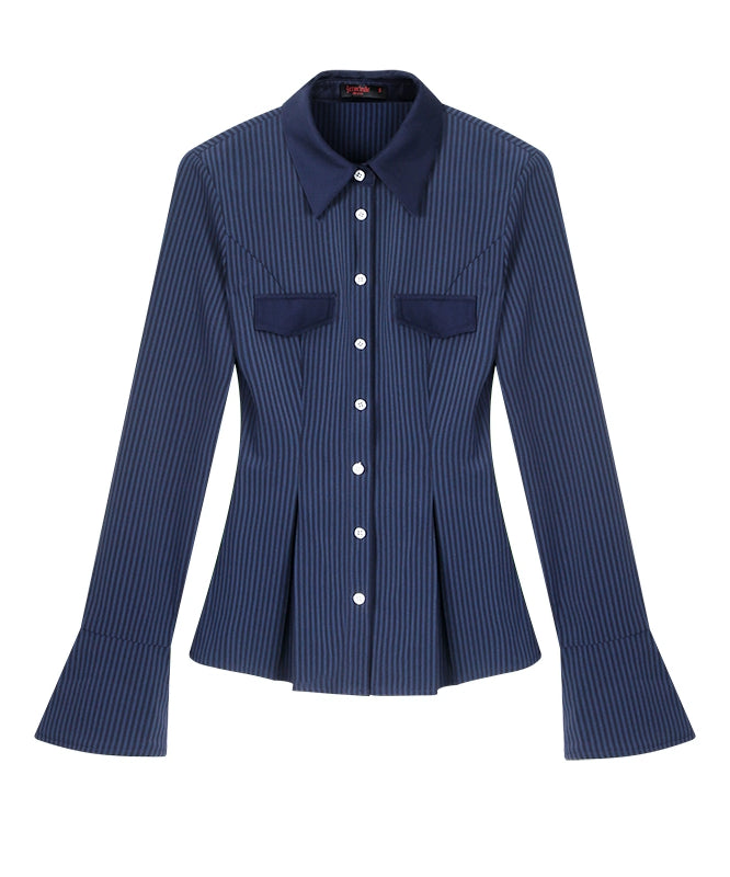 野生zerocircle蓝色条纹收腰衬衫女春辣妹修身显瘦正肩喇叭袖上衣