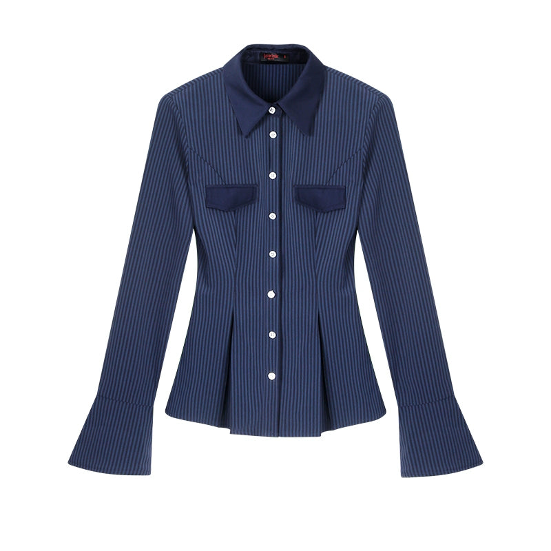 野生zerocircle蓝色条纹收腰衬衫女春辣妹修身显瘦正肩喇叭袖上衣