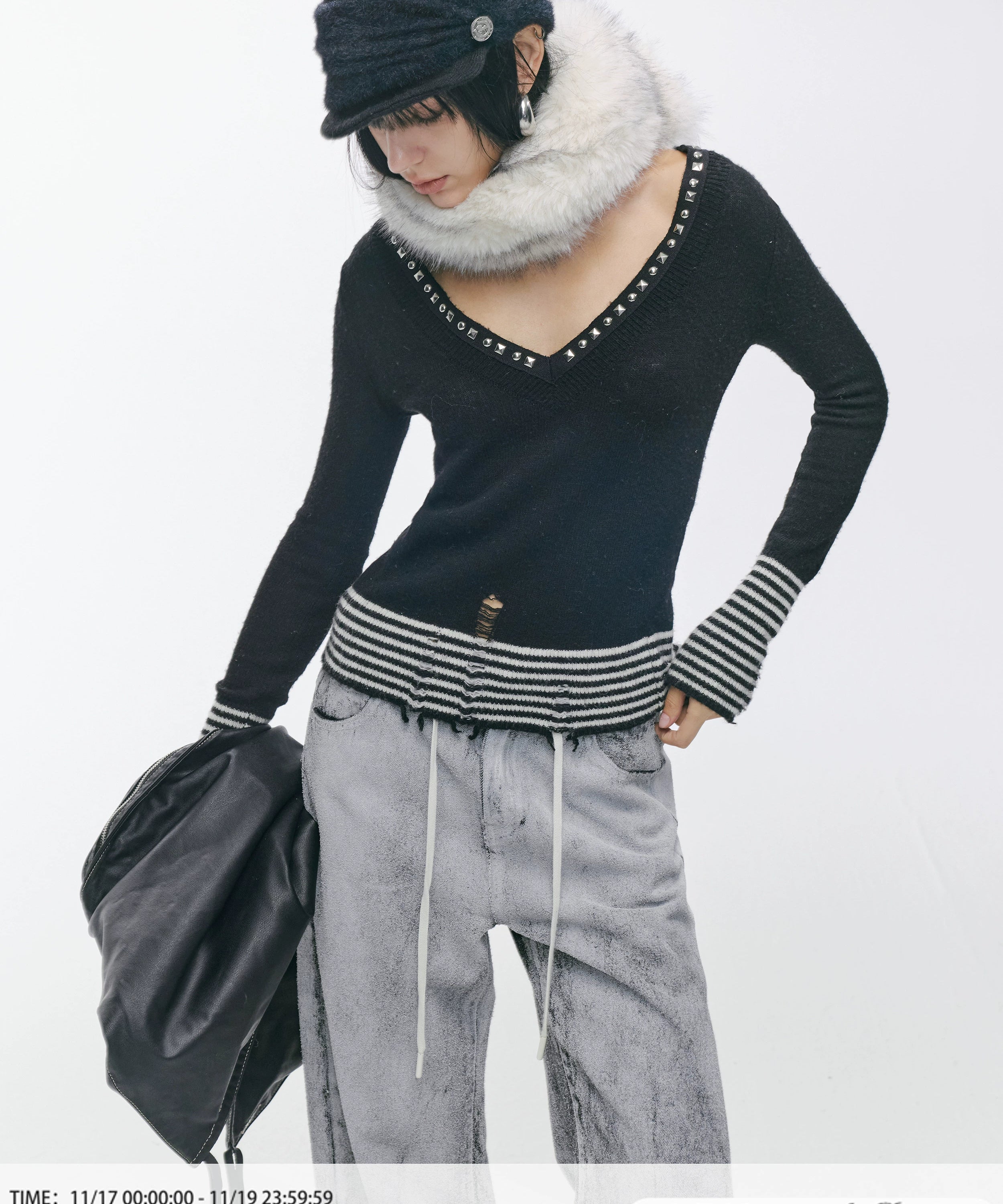 2th Desire原创朋克铆钉v领条纹拼接弹力修身打底羊毛针织衫上衣