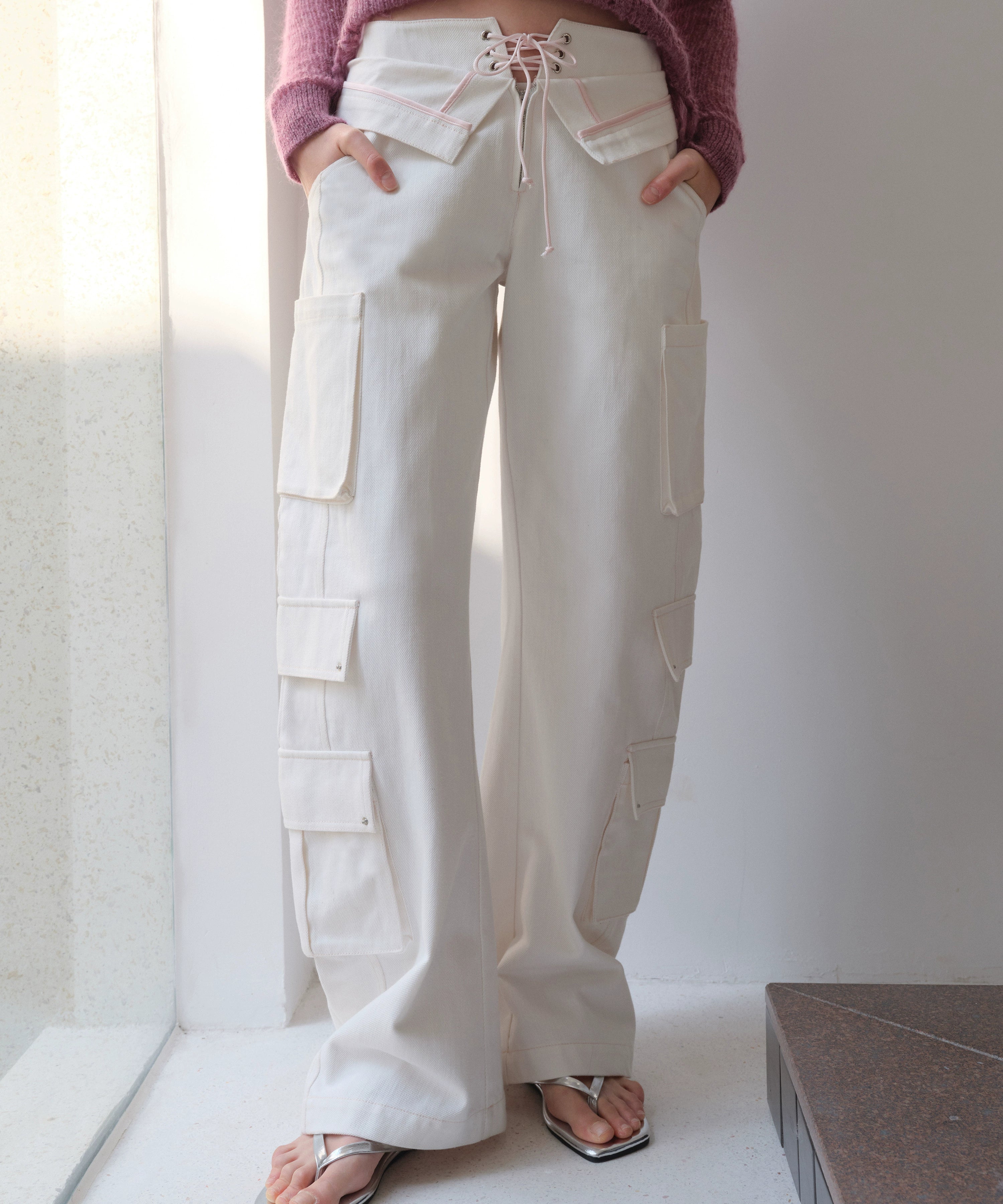 2th Desire美式复古多口袋立体双腰头剪裁低腰弯刀工装直筒牛仔裤