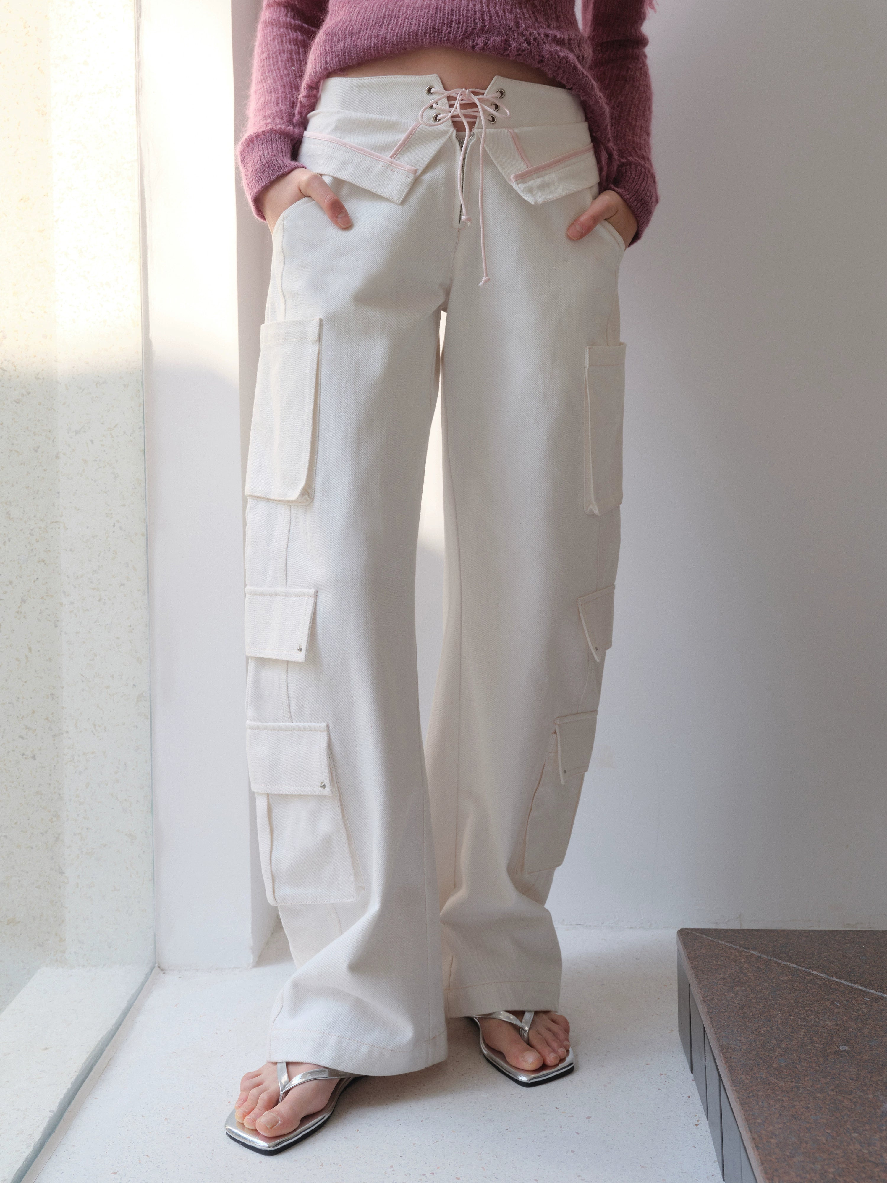 2th Desire美式复古多口袋立体双腰头剪裁低腰弯刀工装直筒牛仔裤