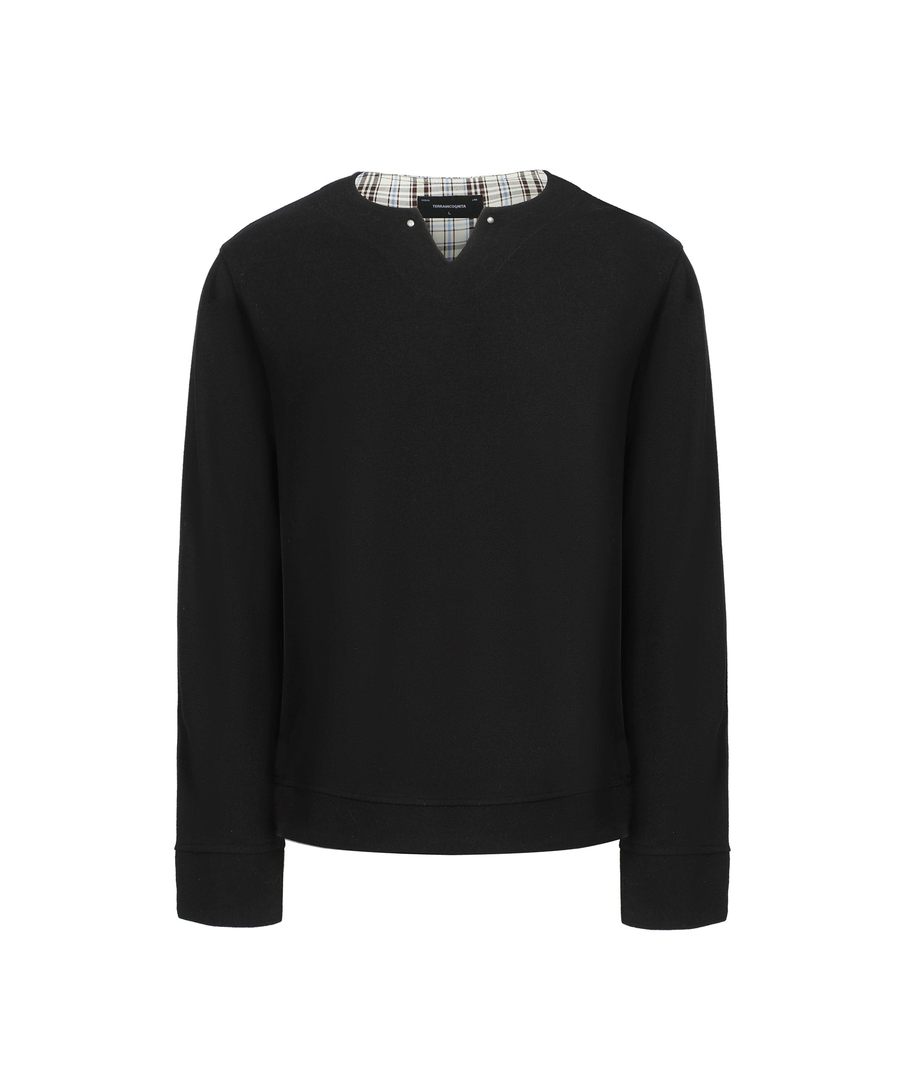 双色V领格纹拼接长袖T恤打底日常通勤搭配TERRAINCOGNITA25SS