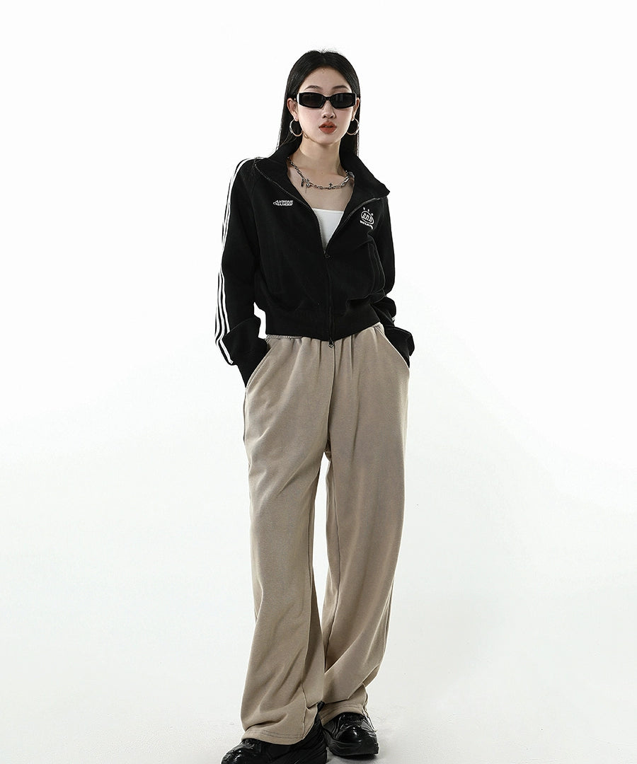 ICH MODE 美式修身短款黑色外套女2025新款秋冬运动连帽卫衣开衫