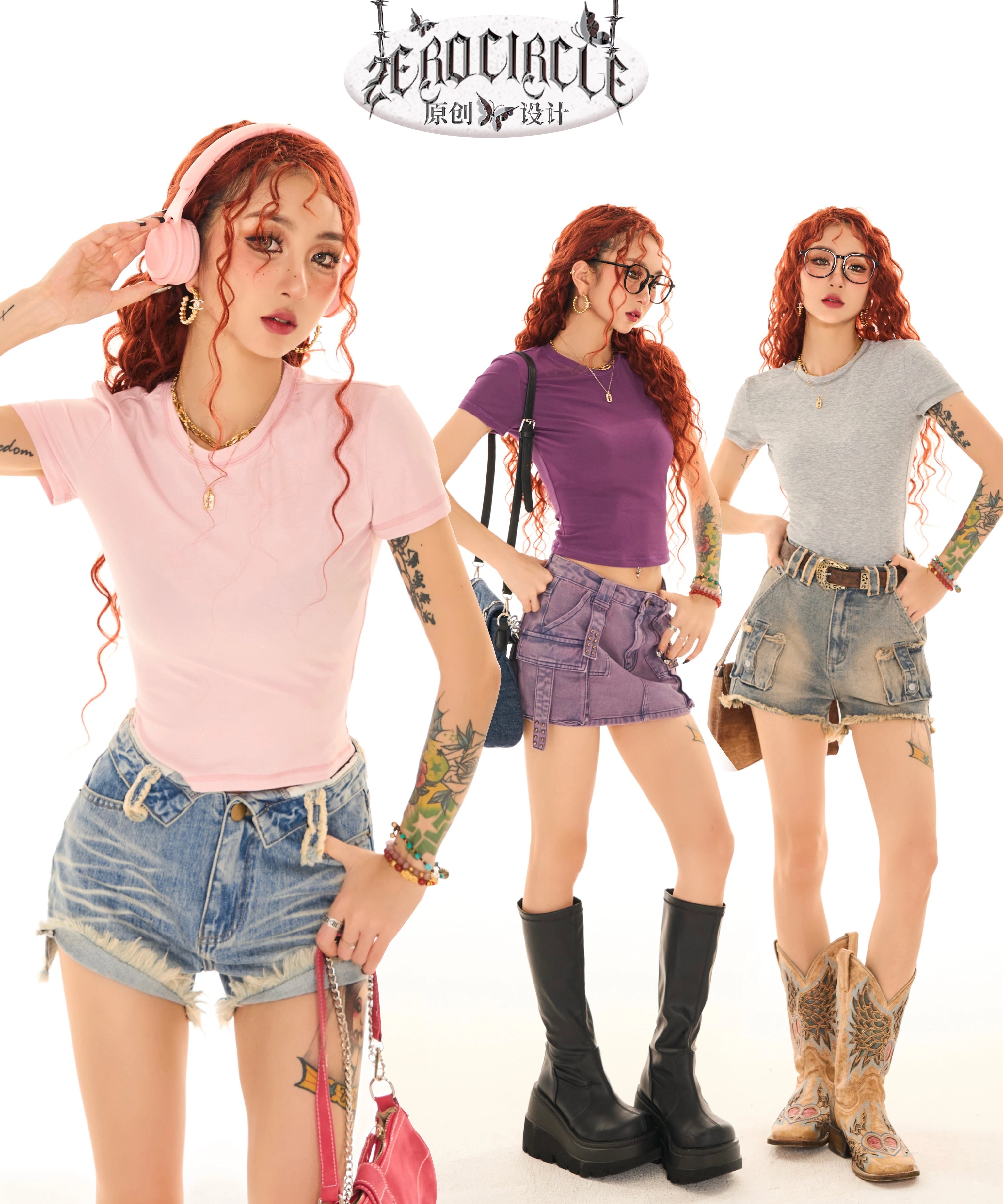 野生zerocircle 紫粉灰色正肩t恤女夏多巴胺辣妹修身显瘦短款上衣