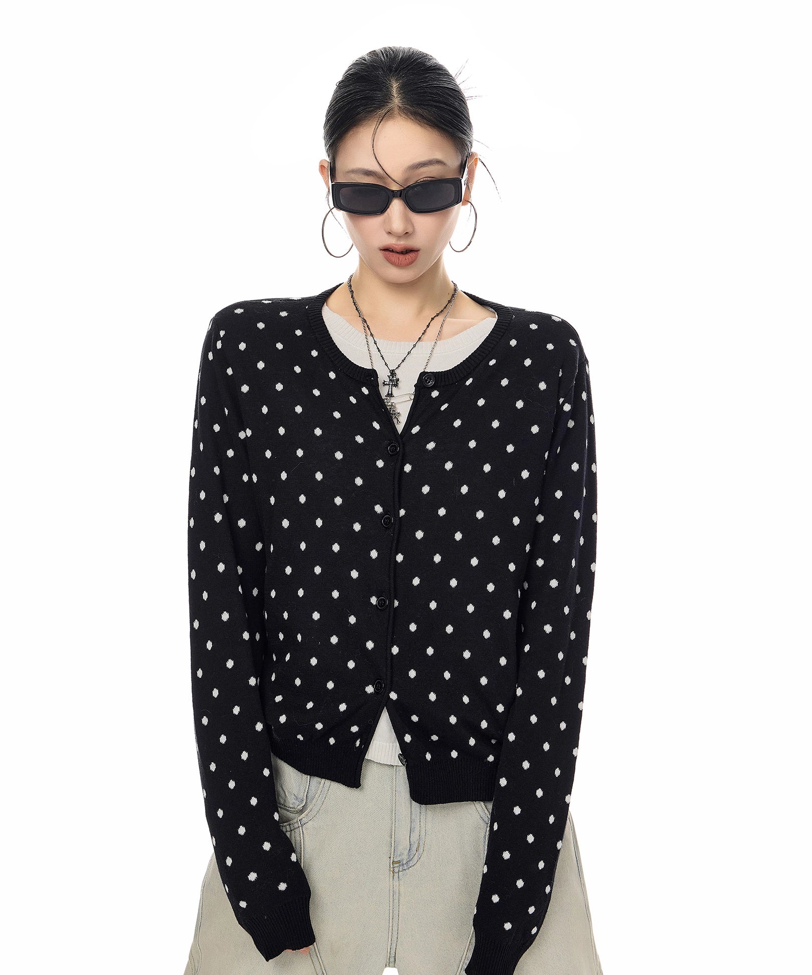 ICH MODE 美式复古修身波点针织开衫女2025新款秋冬慵懒毛衣外套