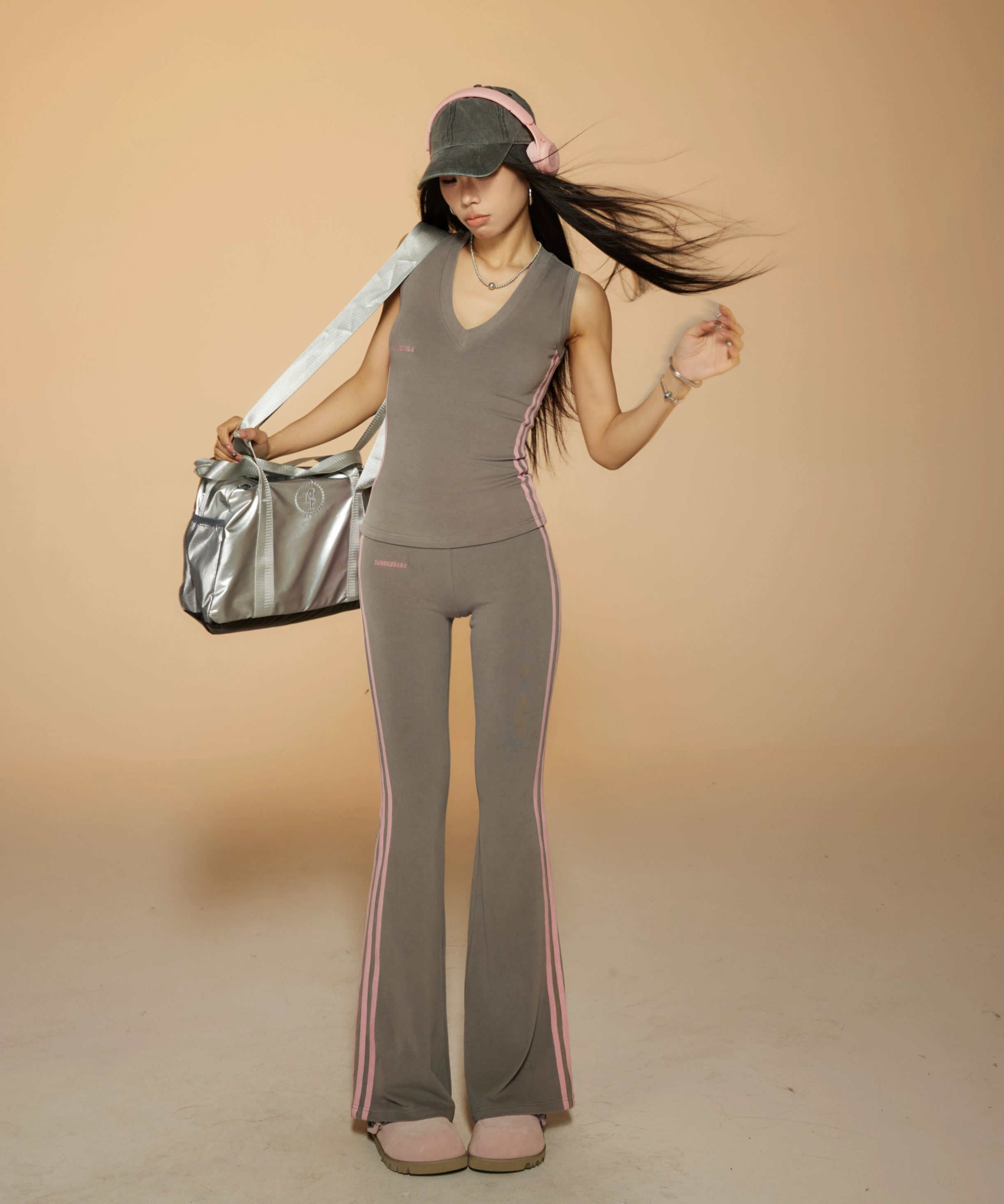 野生zero 运动辣妹套装女夏季季V领无袖修身显瘦背心喇叭休闲裤子