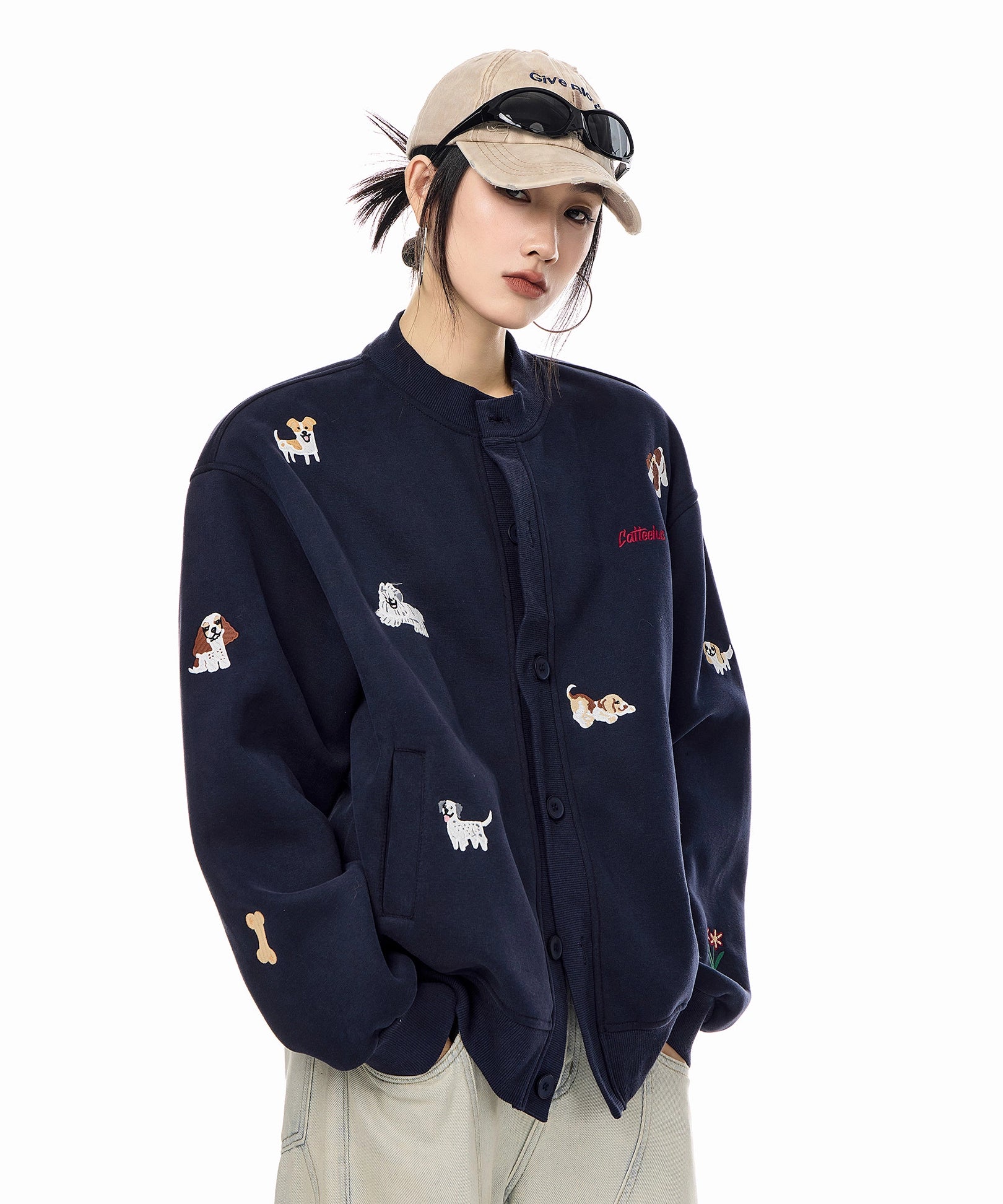 ICH MODE 美式复古小狗刺绣棒球领外套女2025秋冬季卫衣开衫上衣
