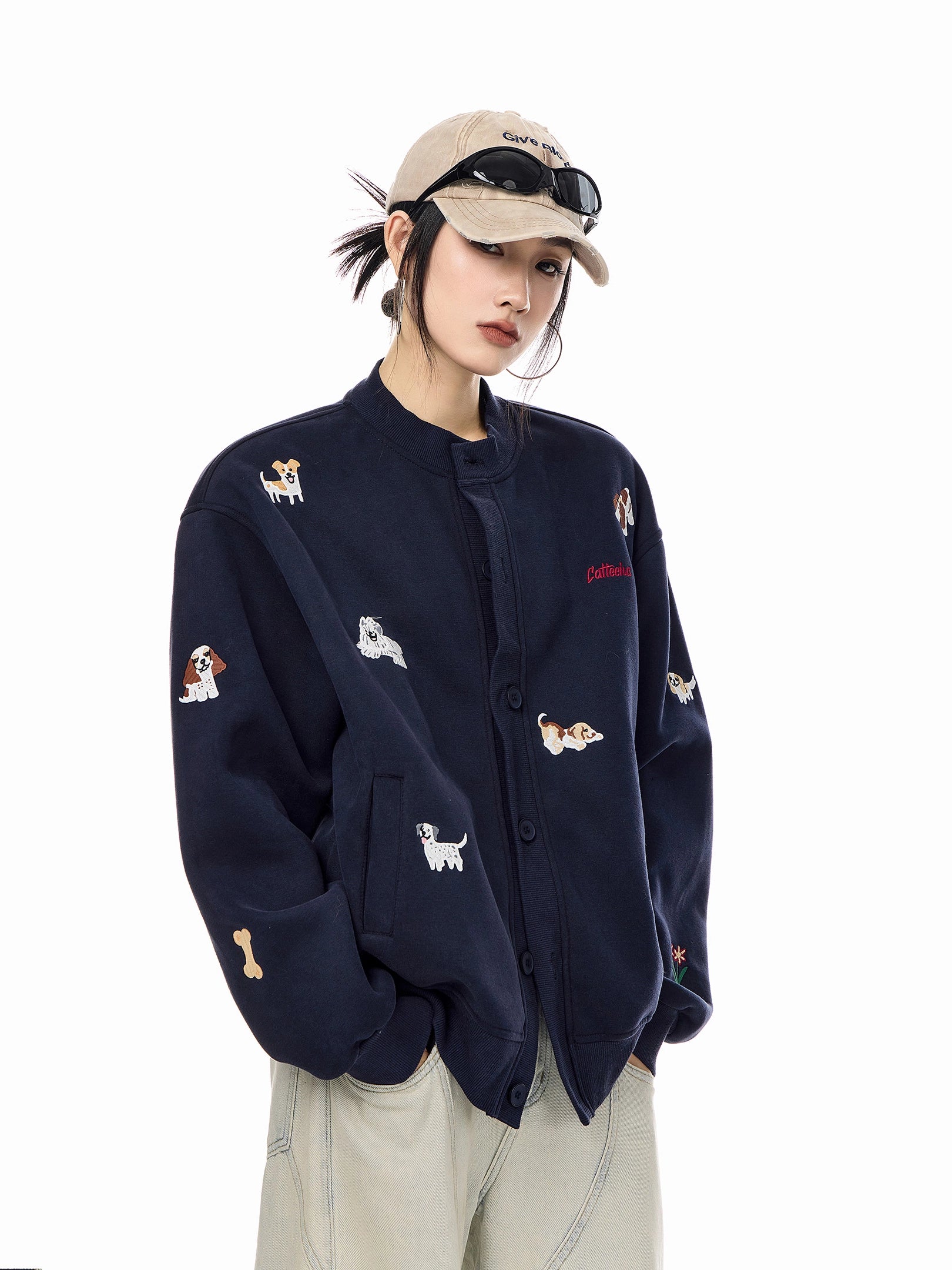 ICH MODE 美式复古小狗刺绣棒球领外套女2025秋冬季卫衣开衫上衣