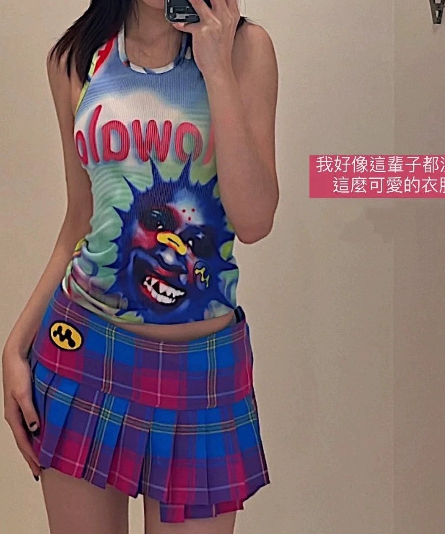 （晚安安）现货mowalola多文化辣妹格纹/皮裙  百褶裙 腰部可调节