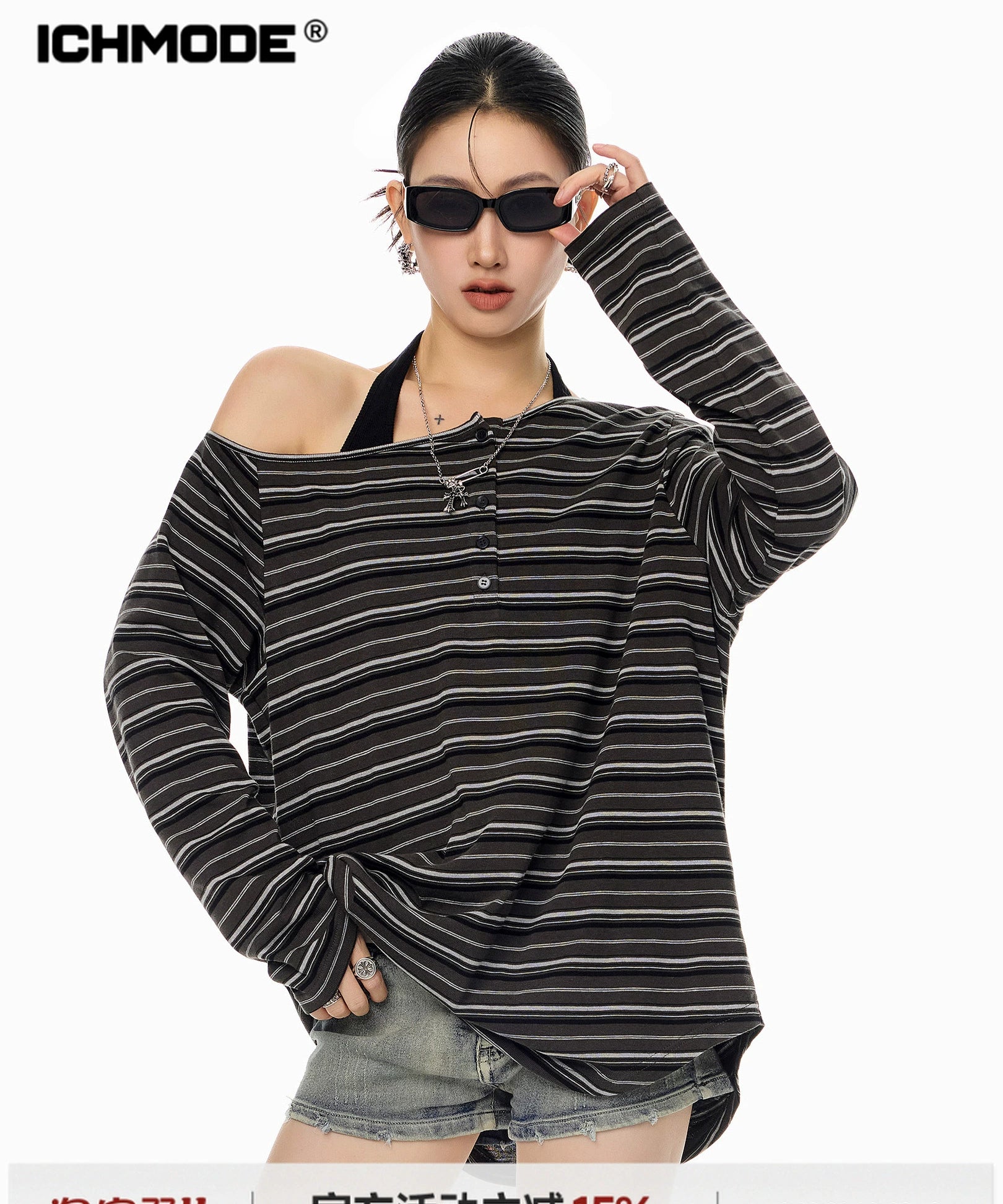 ICH MODE 美式复古斜肩T恤女2025新款秋冬露肩长袖宽松一字肩上衣