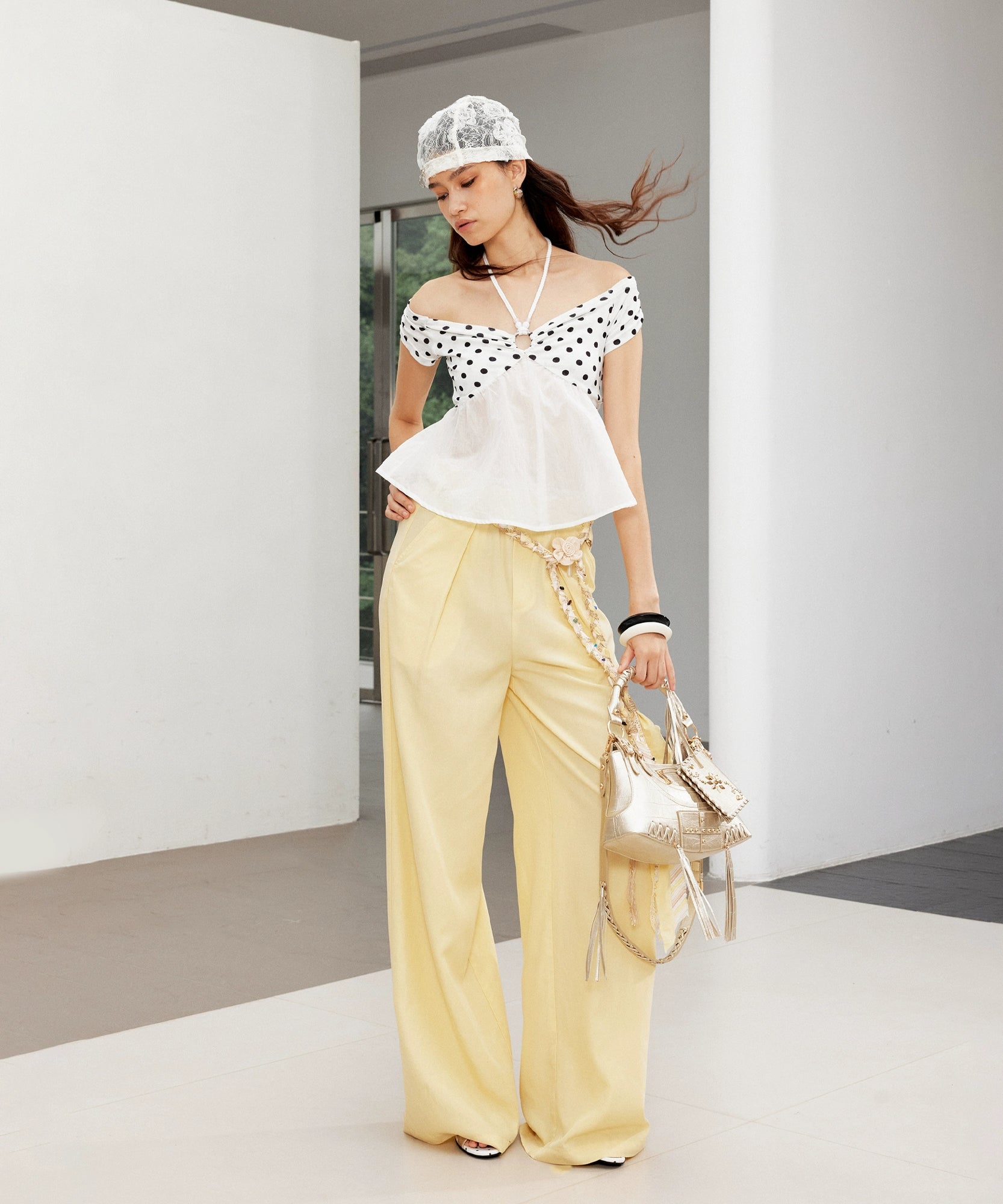 2th Desire豹纹波点微透泛光麻绳串珠度假一字肩弹力挂脖吊带上衣