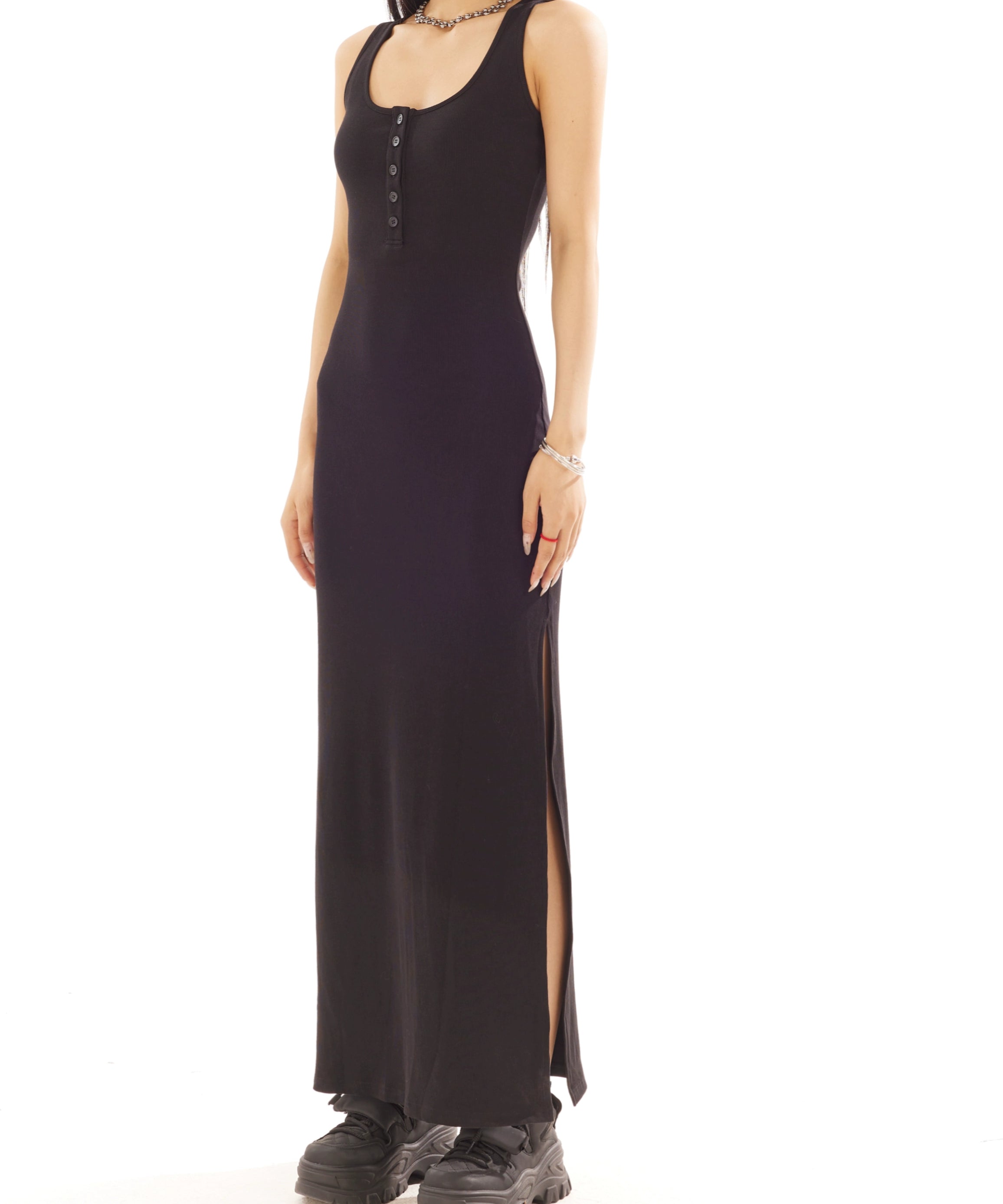 野生zero黑色针织无袖开叉背心连衣裙女春夏设计感修身显瘦长裙子