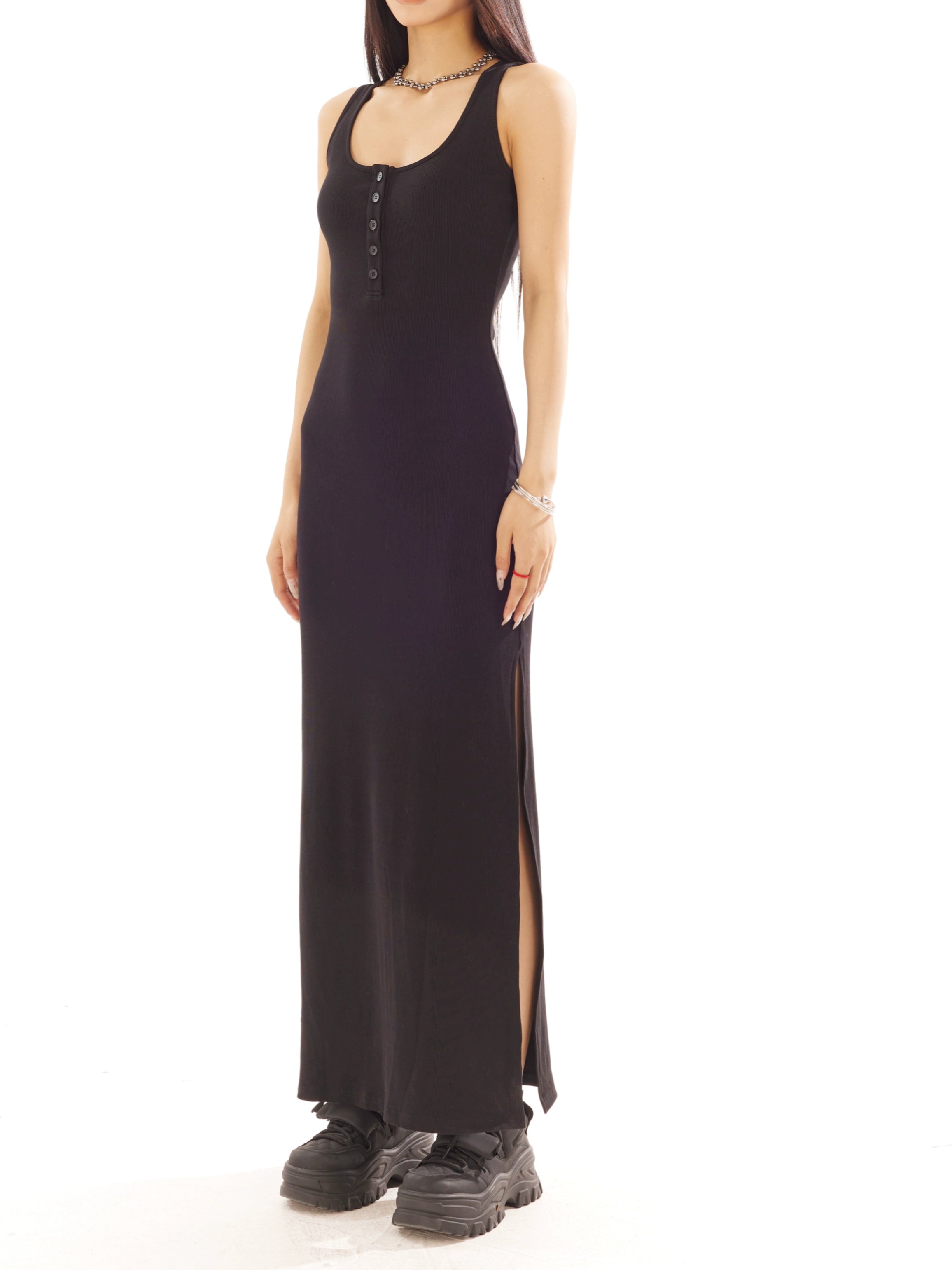 野生zero黑色针织无袖开叉背心连衣裙女春夏设计感修身显瘦长裙子