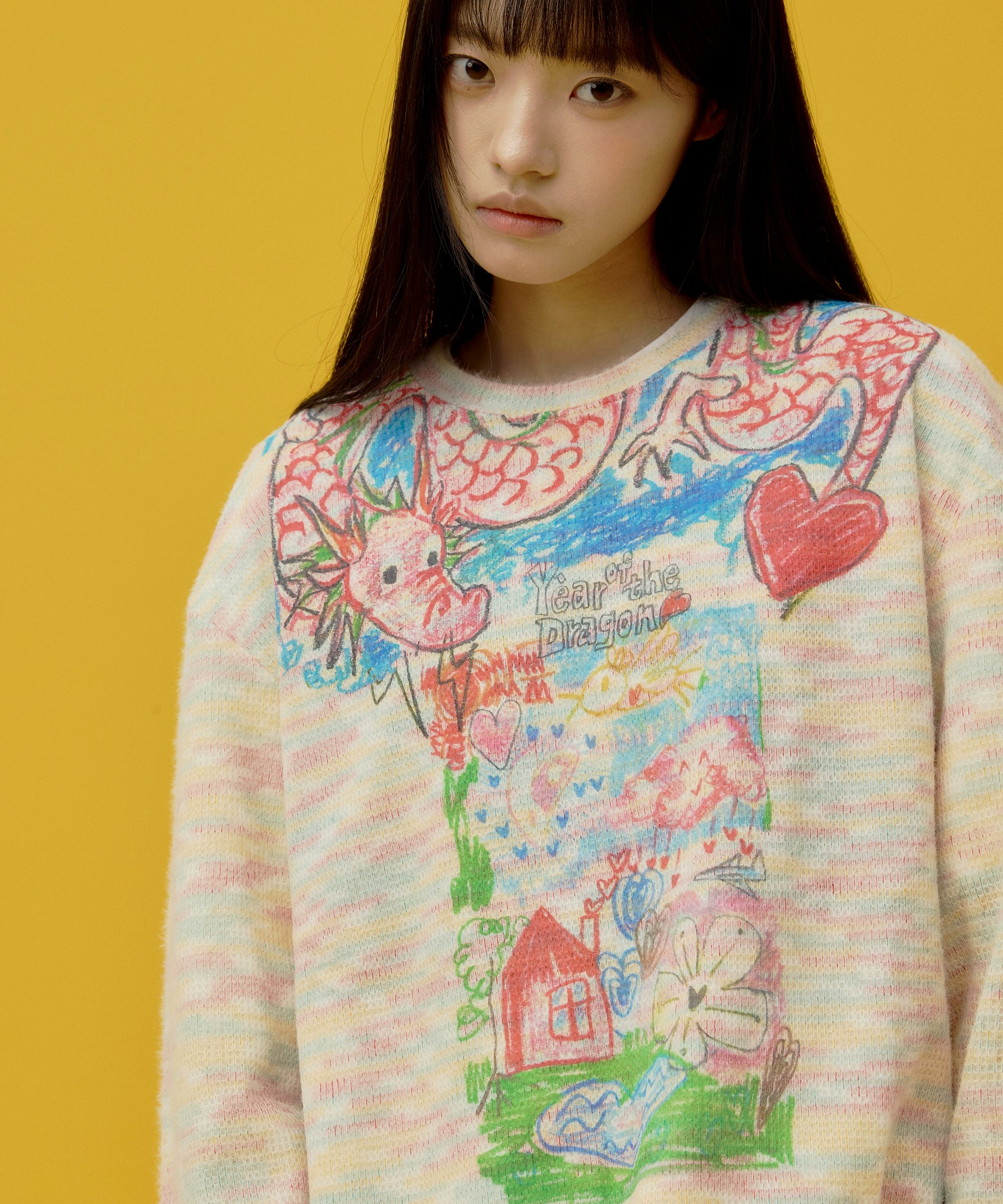 eeeeArtmonster“过肩龙”彩虹色长袖T恤打底上衣圆领套头针织衫