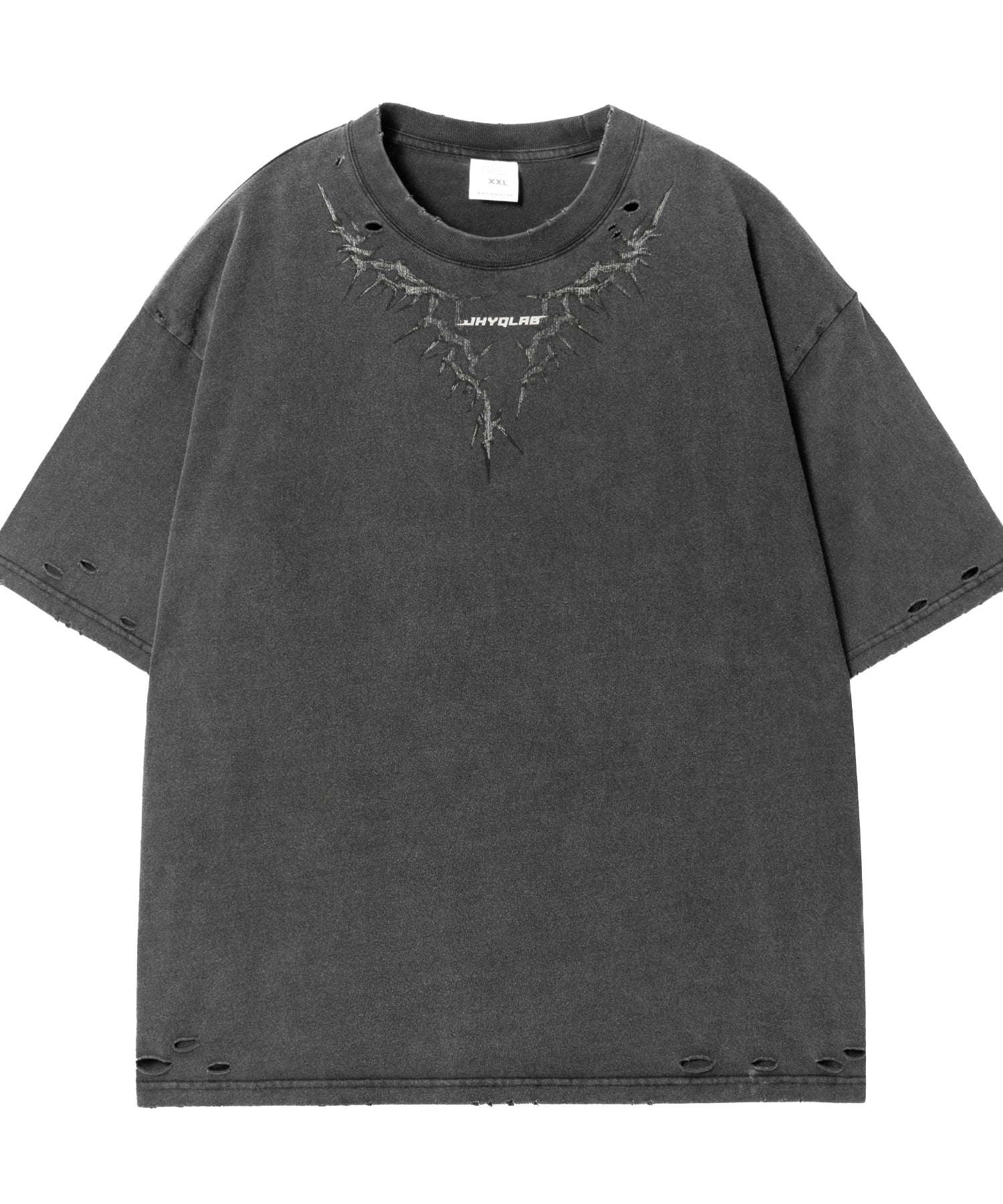 【李沛恩同款】JHYQ美式印花重磅磨毛水洗短袖T恤男宽松破洞五分