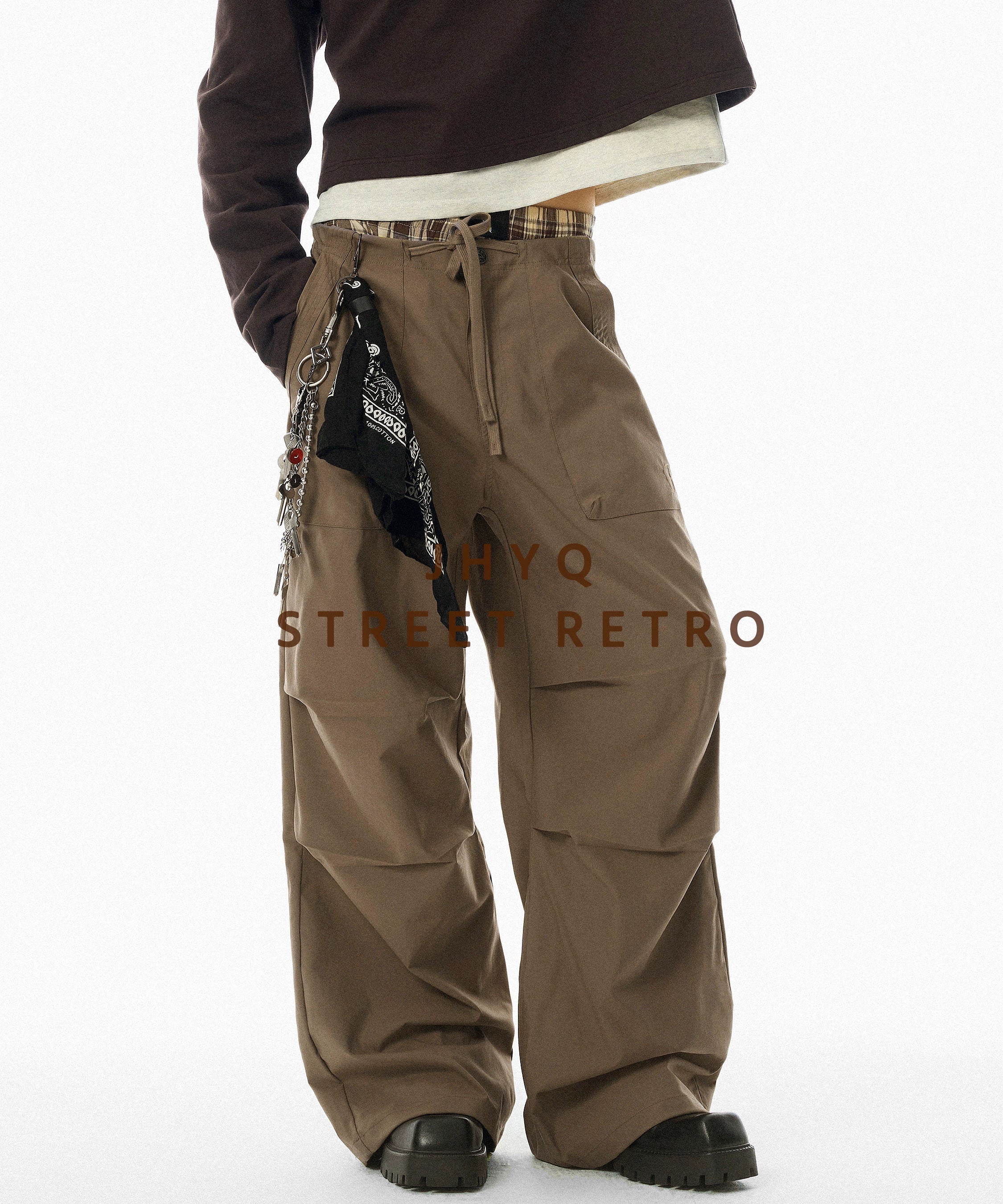 【限时特价】JHYQ春秋美式褶皱伞兵工装裤男潮牌宽松可束脚休闲裤