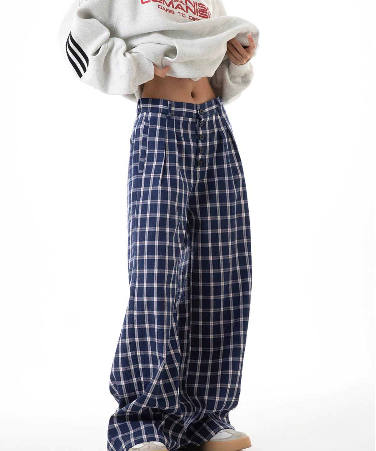 ICH MODE 美式复古格子裤女2025新款秋宽松阔腿裤直筒休闲裤子