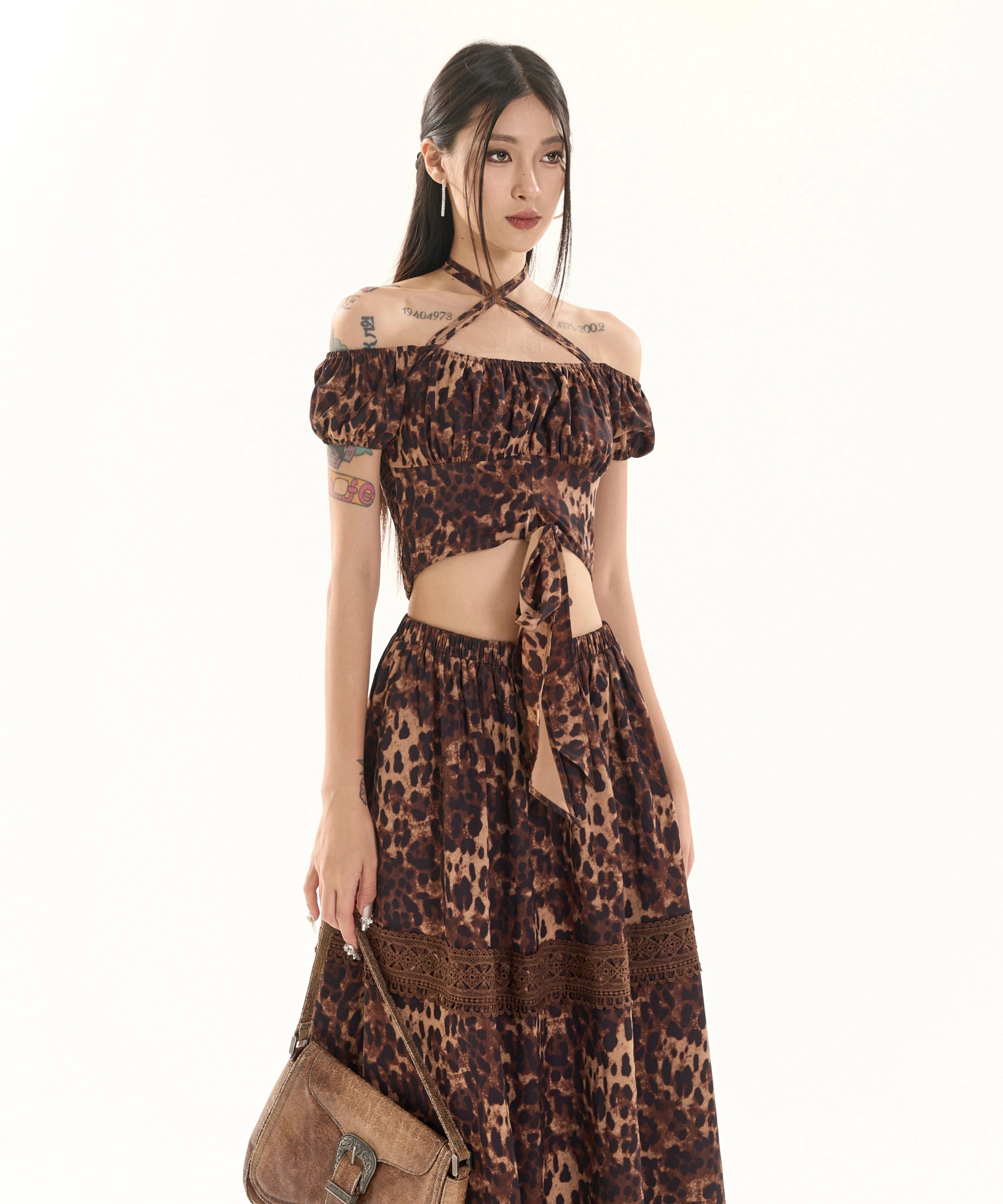 野生zero 辣妹套装裙女夏一字肩泡泡袖挂脖短款小衫上衣a字长裙子