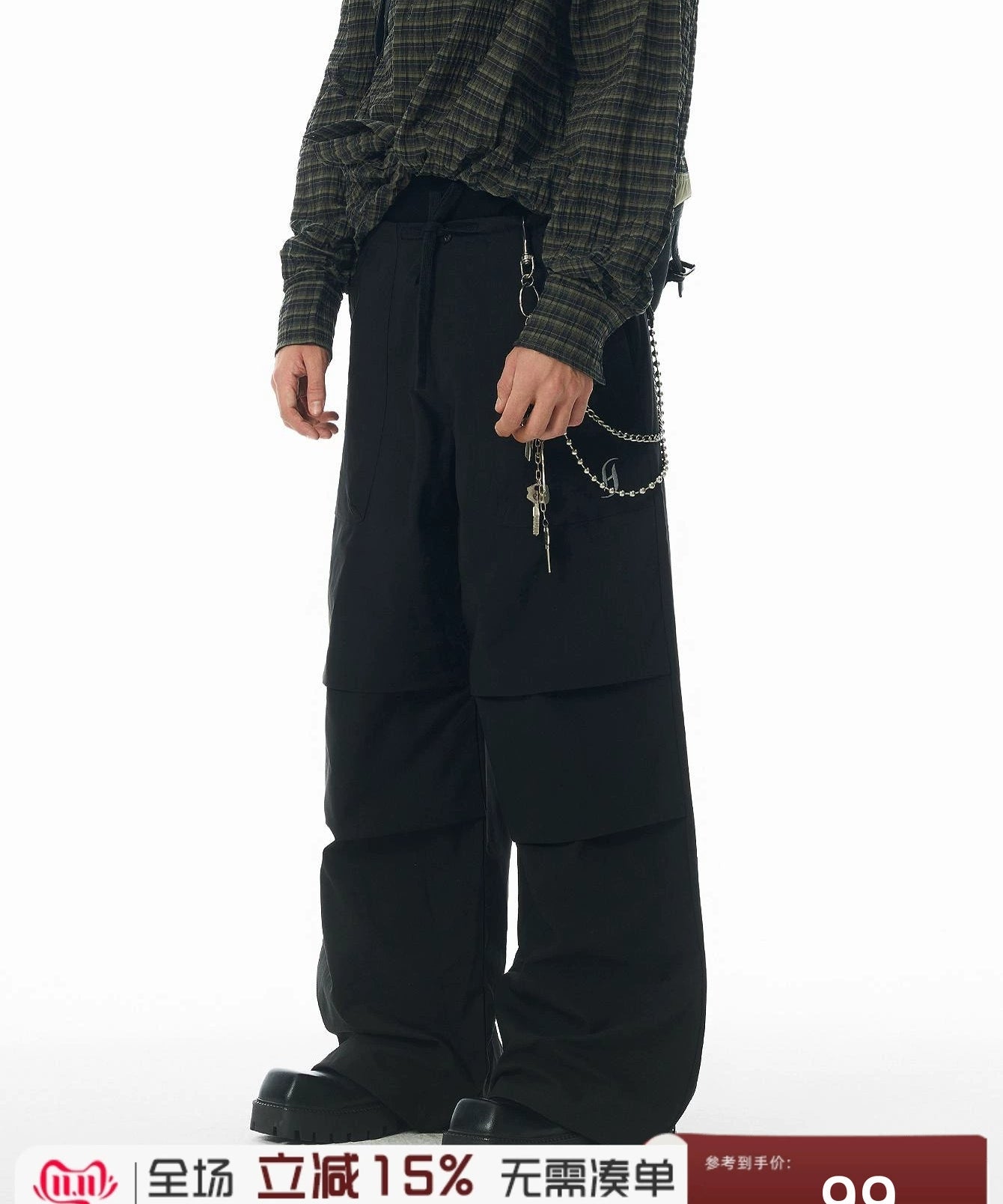 【限时特价】JHYQ春秋美式褶皱伞兵工装裤男潮牌宽松可束脚休闲裤