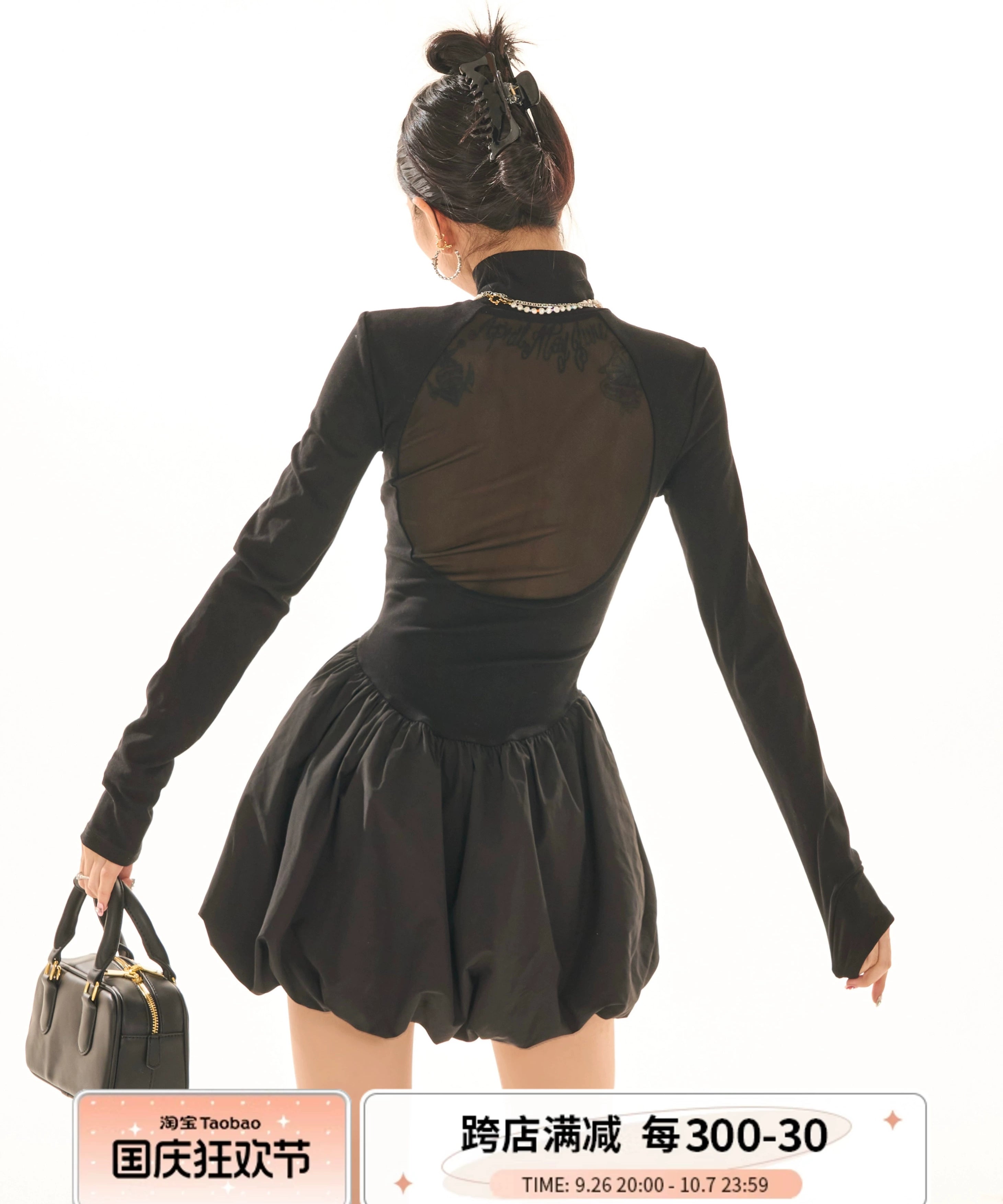 野生zerocircle黑色半高领长袖连衣裙女春秋季显瘦修身花苞短裙子