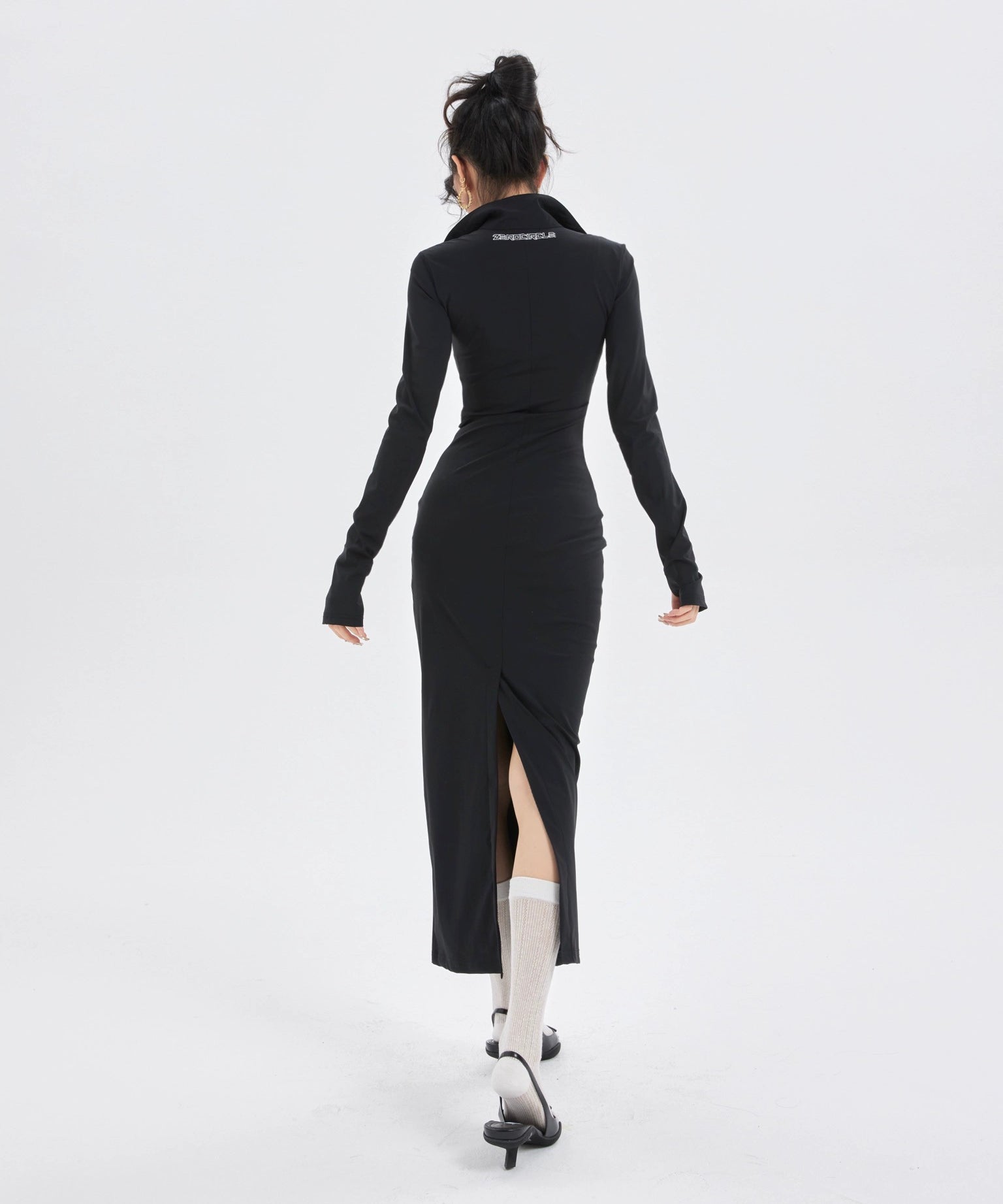 野生zerocircle黑色针织辣妹连衣裙女春收腰紧身包臀开叉中长裙子