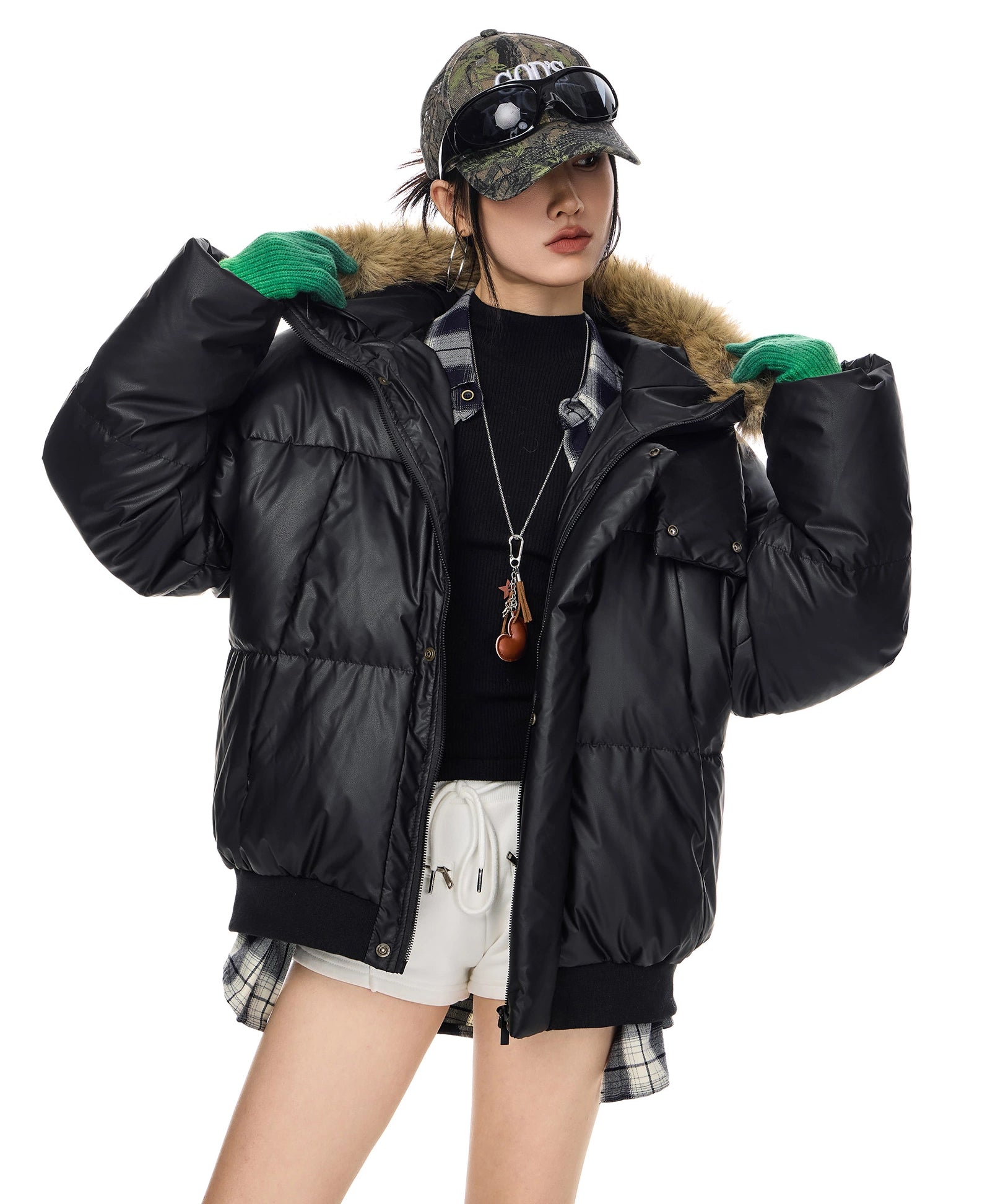 ICH MODE 90白鸭绒美式复古毛领连帽羽绒服女秋冬季保暖防寒外套