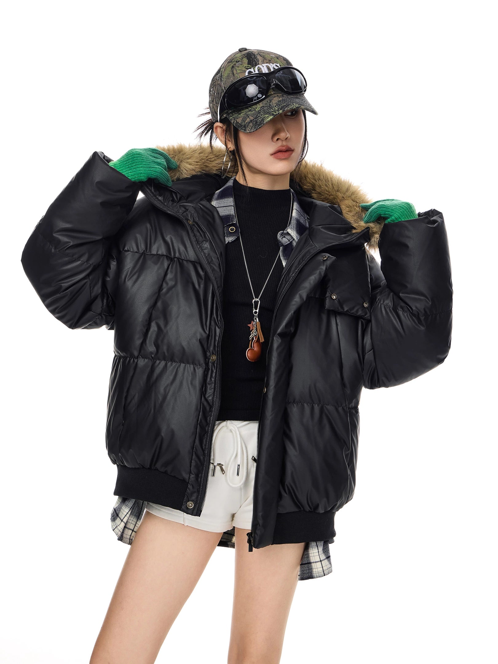 ICH MODE 90白鸭绒美式复古毛领连帽羽绒服女秋冬季保暖防寒外套