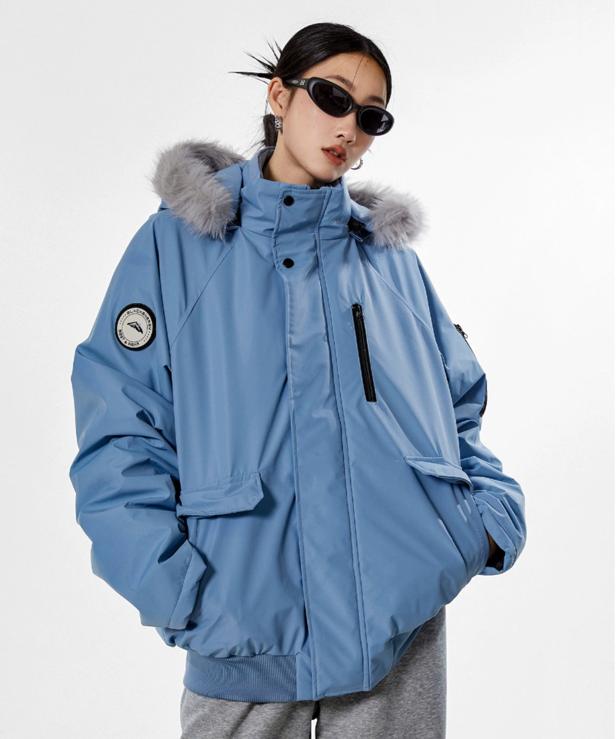 ICH MODE 美式复古派克服蓝色棉服女冬季工装外套棉衣棉袄新款