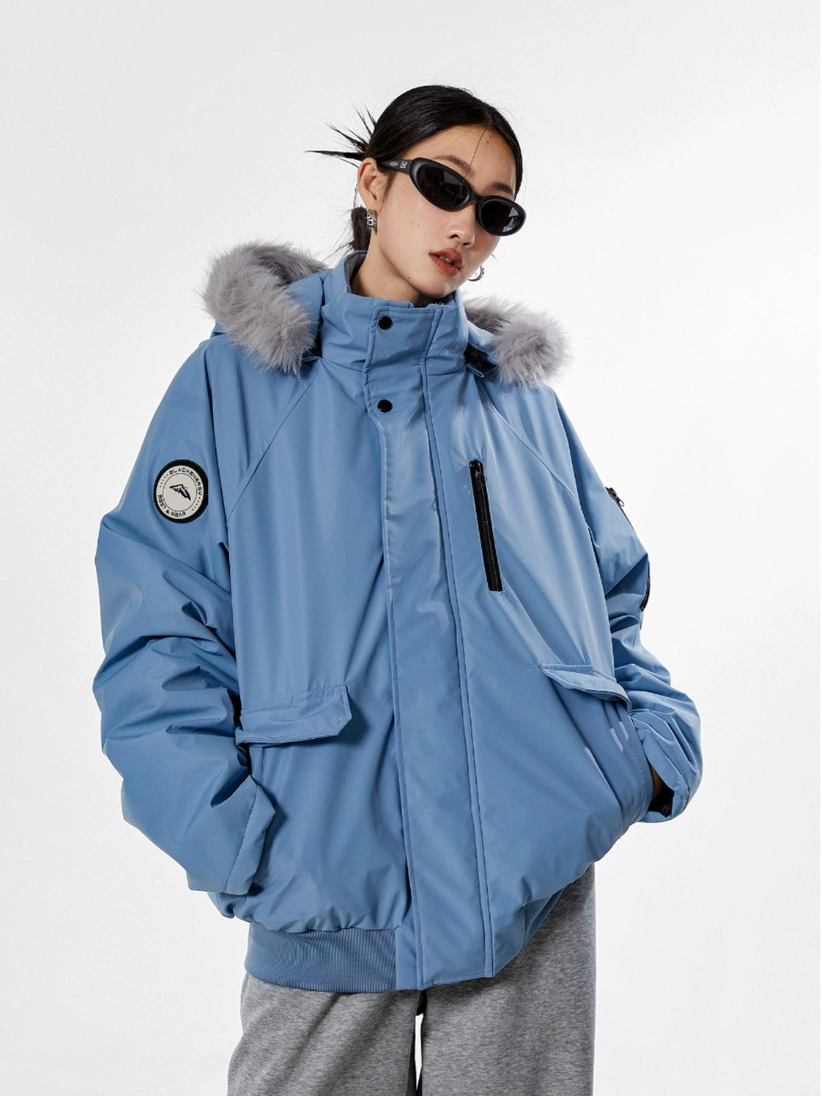 ICH MODE 美式复古派克服蓝色棉服女冬季工装外套棉衣棉袄新款