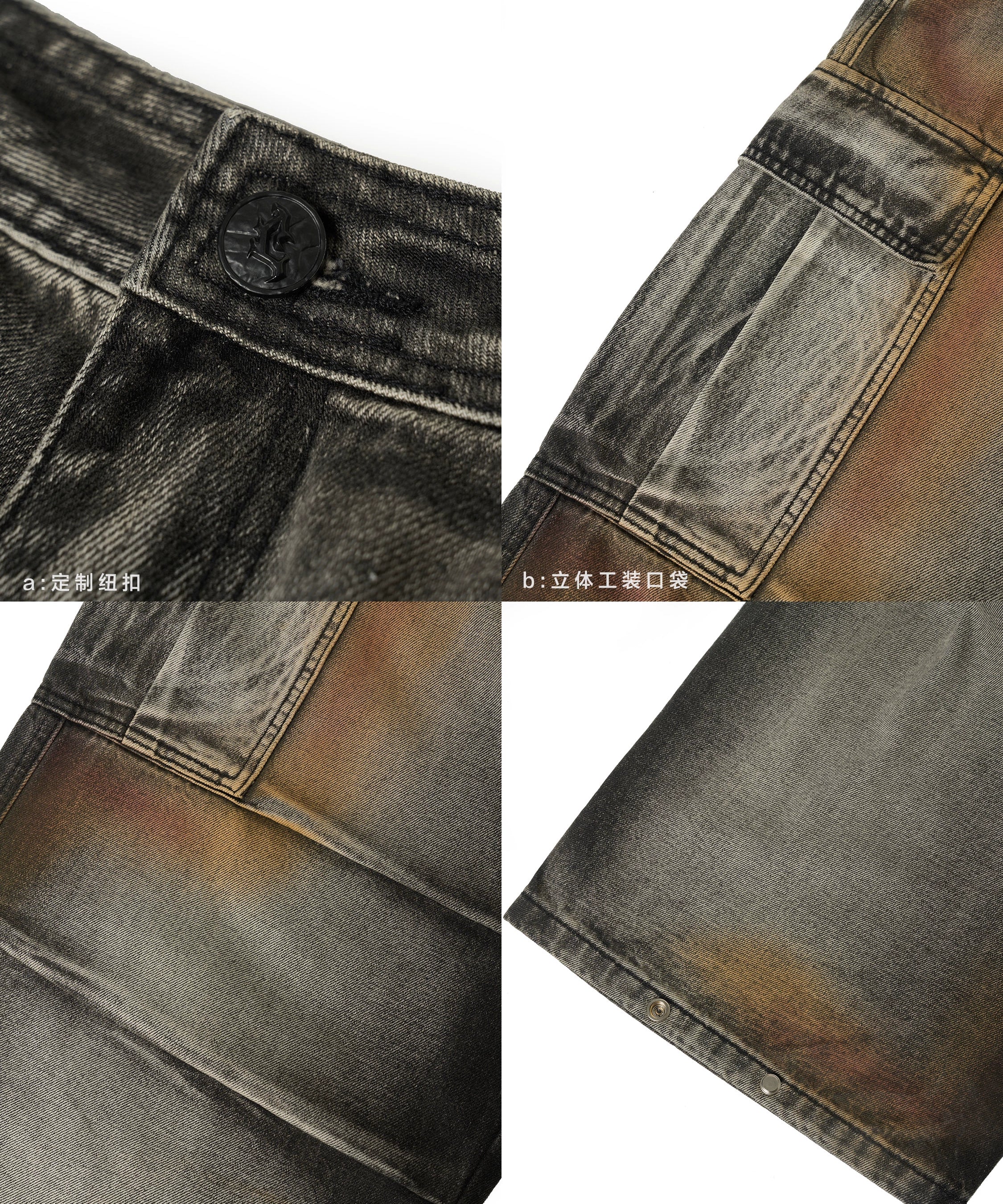 【小鬼王琳凯同款】JHYQ美式脏染做旧口袋工装牛仔裤男潮牌嘻哈裤