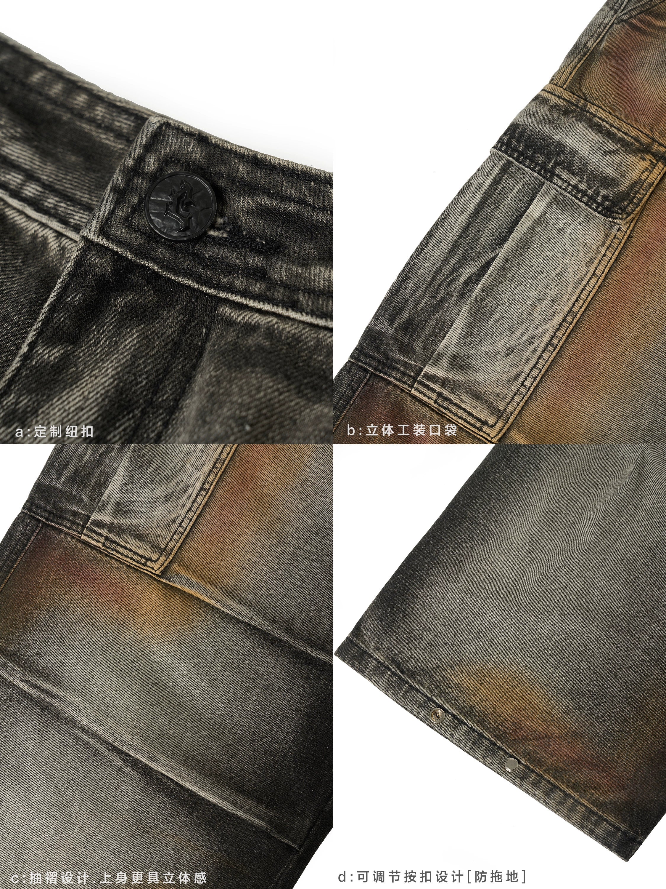 【小鬼王琳凯同款】JHYQ美式脏染做旧口袋工装牛仔裤男潮牌嘻哈裤