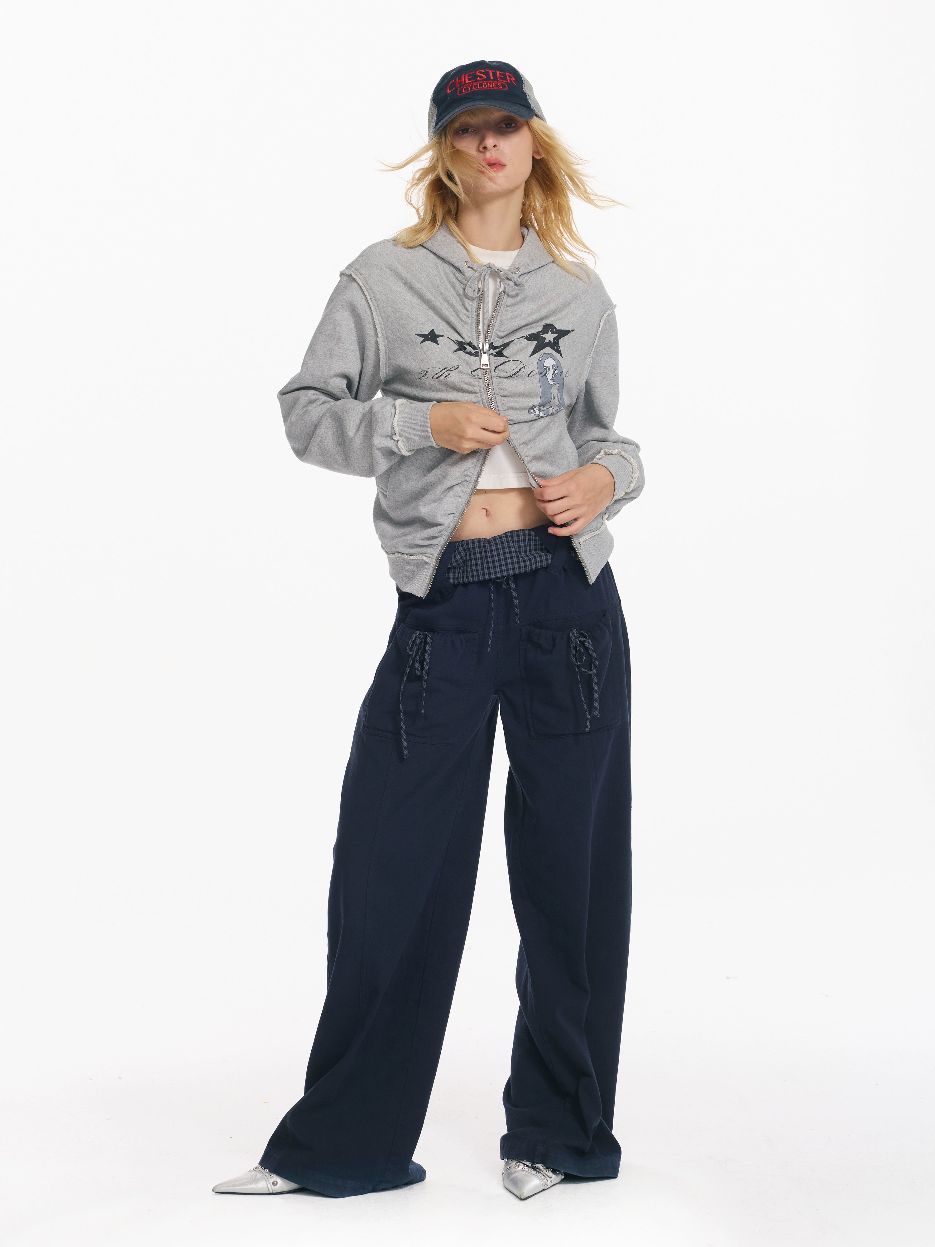 2th Desire美式复古做旧洗褪朋克开衫cleanfit连帽休闲卫衣外套女