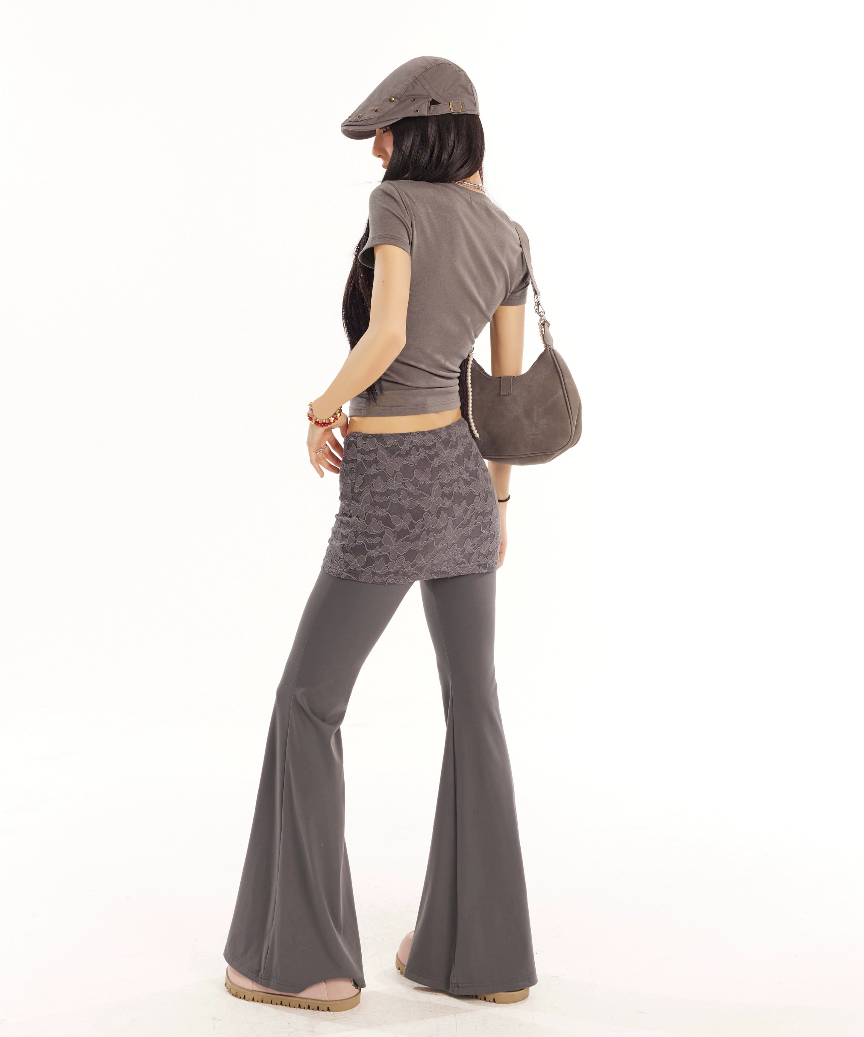 野生zero黑灰绿色喇叭裤女春夏季修身显瘦假两件蕾丝休闲瑜伽裤子