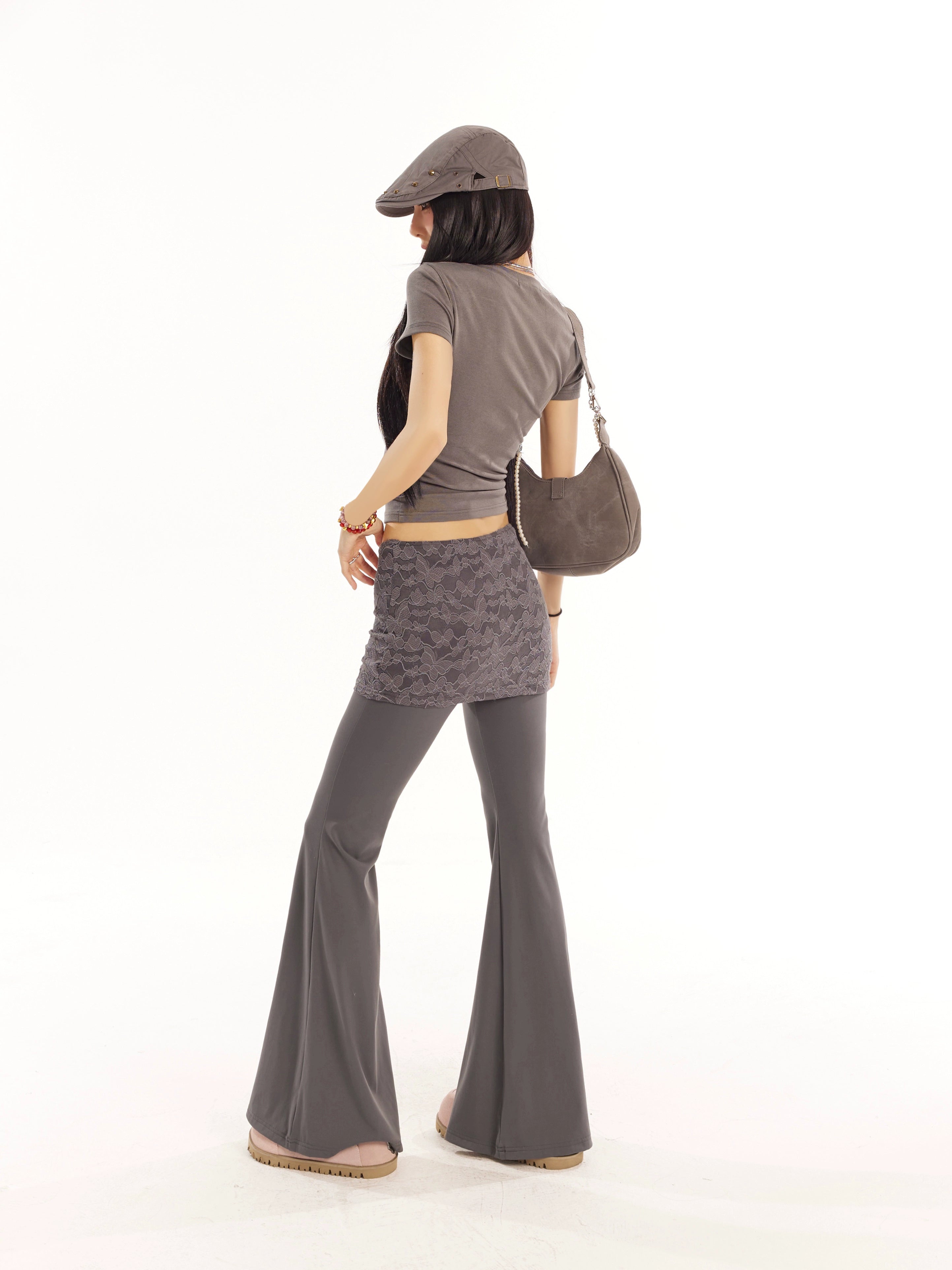 野生zero黑灰绿色喇叭裤女春夏季修身显瘦假两件蕾丝休闲瑜伽裤子