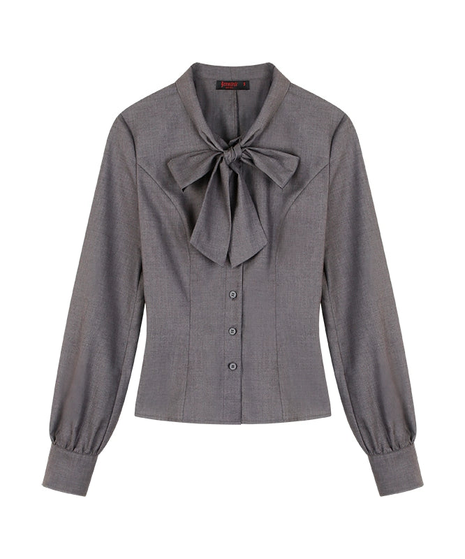 野生zerocircle灰蓝色长袖衬衫女春季修身显瘦收腰蝴蝶结绑带上衣