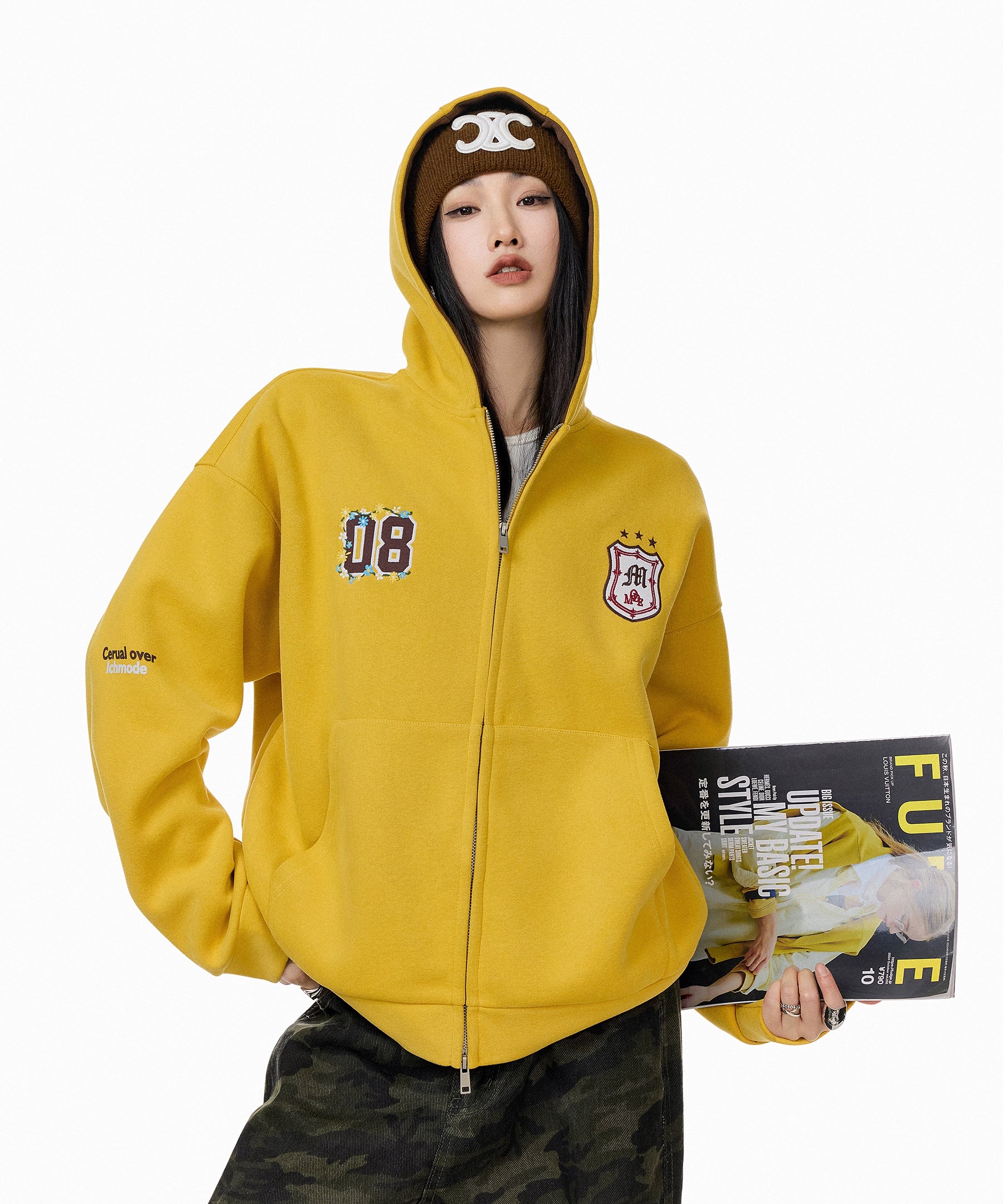 ICH MODE 美式复古撞色刺绣开衫外套女2025秋冬新款休闲连帽卫衣